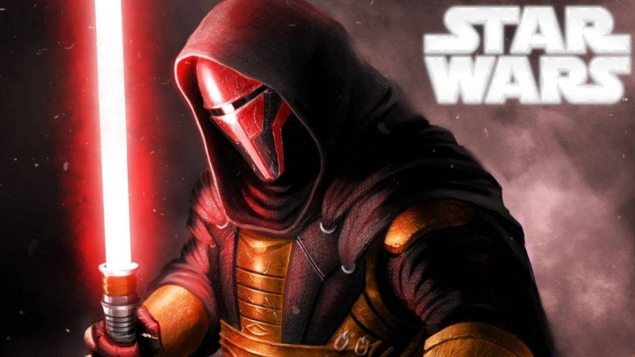 Revan 桌布 壁紙 — 一個戴著兜帽的星際大戰西斯戰士在黑暗煙霧背景中握著發光的紅色光劍，並帶有星際大戰標誌。