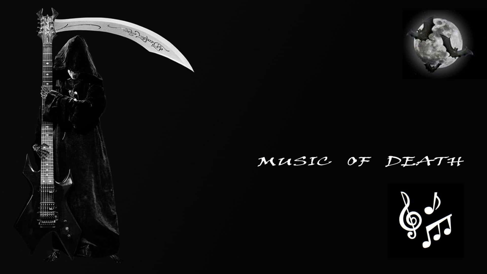 Halloween Music 桌布 壁紙 — 一個戴著兜帽的死神在黑暗背景上彈奏黑色電吉他，背景有月亮和蝙蝠圖案以及音符。