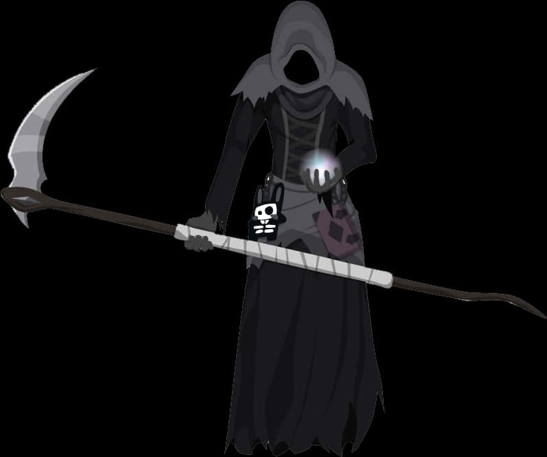 Scythe 桌布 壁紙 — 一個戴著兜帽的死神形象，手持鐮刀和發光球體，背景為黑色。