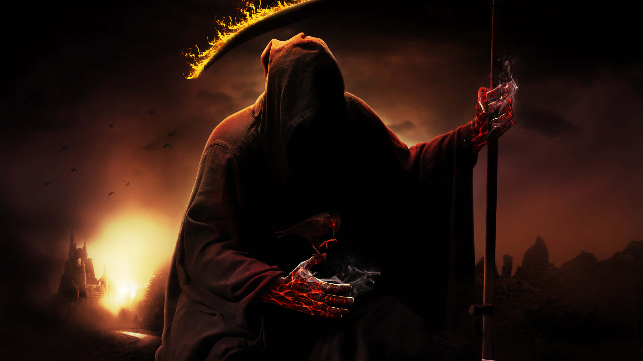 Grim 桌布 壁紙 — 一個戴著兜帽的死神手持火焰鐮刀，站在熾熱的末日天空下，遠處有城堡廢墟。