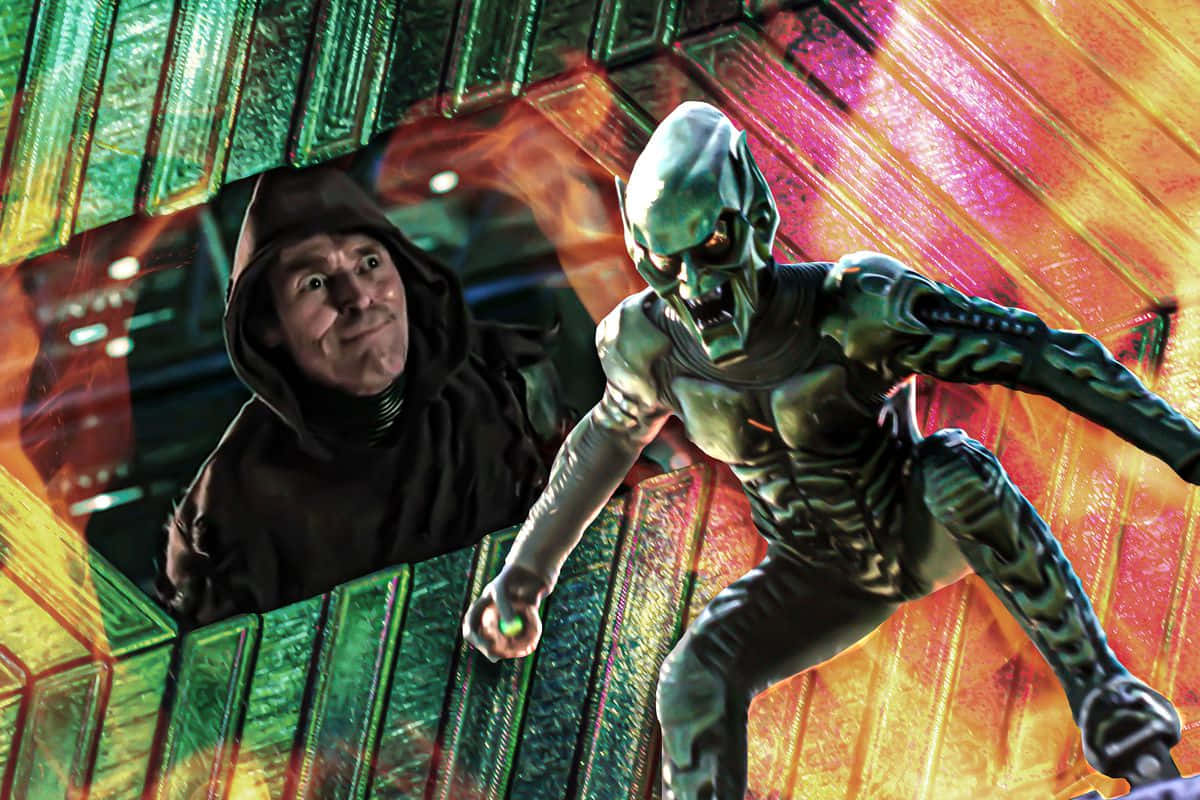 Norman Osborn 桌布 壁紙 — 一個戴著兜帽的男人在一個充滿霓虹燈、帶有火橙色和電光綠色燈光的未來主義走廊中，面對一個綠色皮膚的外星人。