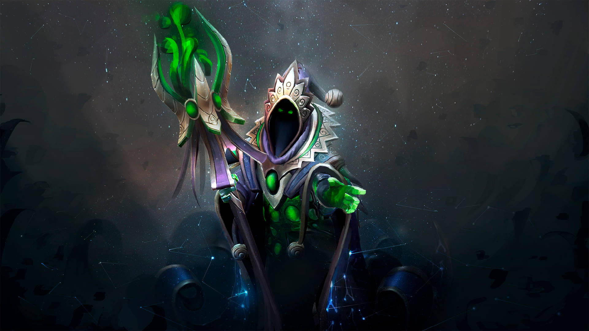 dota 2 4K 桌布 壁紙 — 一個戴著兜帽的神秘人物，擁有發光的綠色眼睛和華麗的盔甲，站在星光燦爛的宇宙背景前，揮舞著發光的法杖。