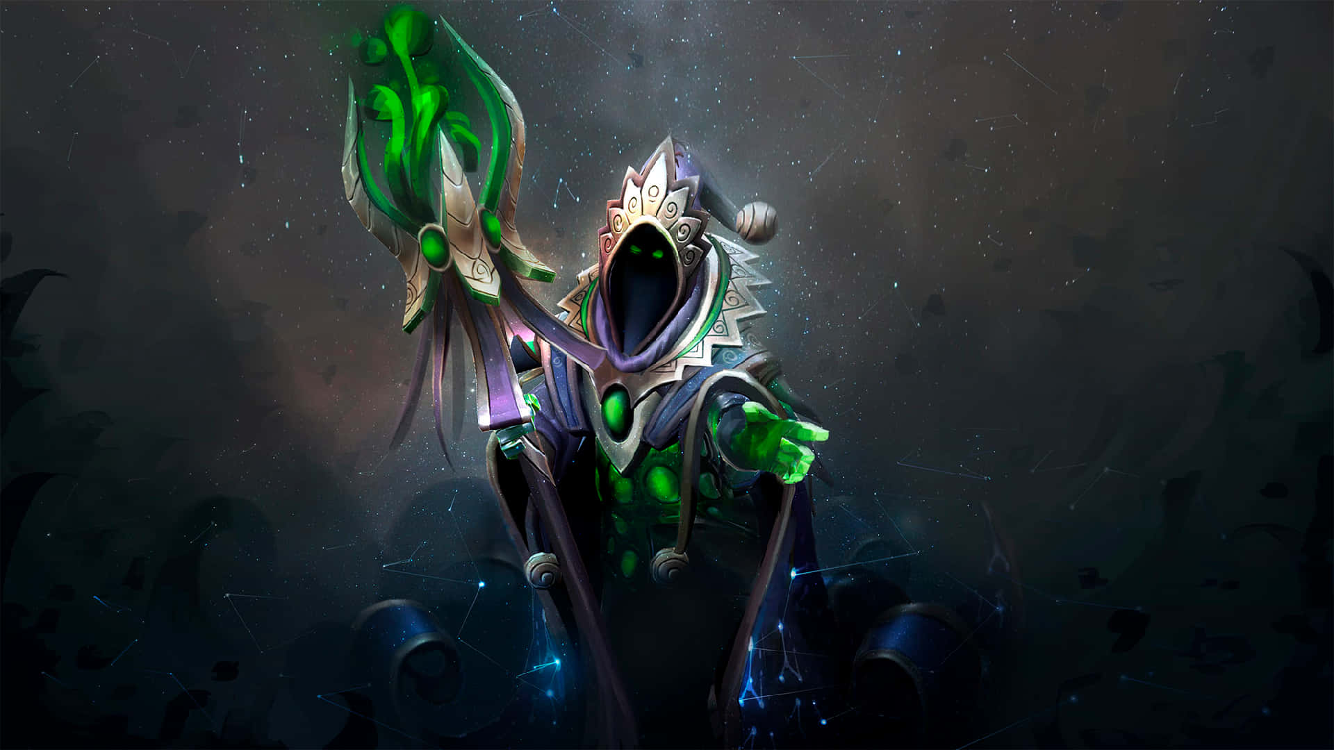 Hero 桌布 壁紙 — 一個戴著兜帽的神秘人物，擁有發光的綠色眼睛和華麗的盔甲，站在繁星點點的宇宙背景前。