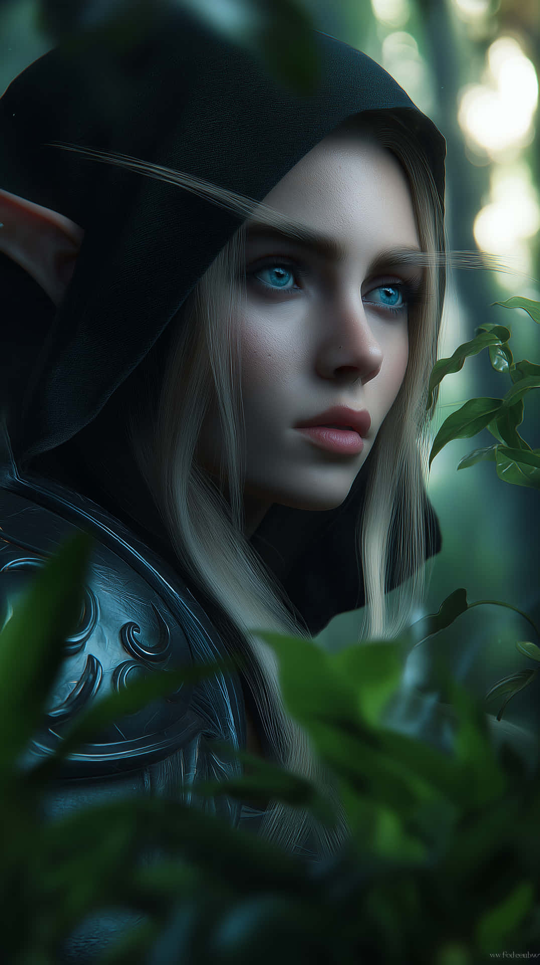Enigmatic Forest Dweller with Piercing Gaze and Hood 壁紙 — 一個戴著兜帽的精靈，有著引人注目的藍色眼睛和尖耳朵，在霧氣瀰漫的森林中透過茂密的綠色樹葉凝視。