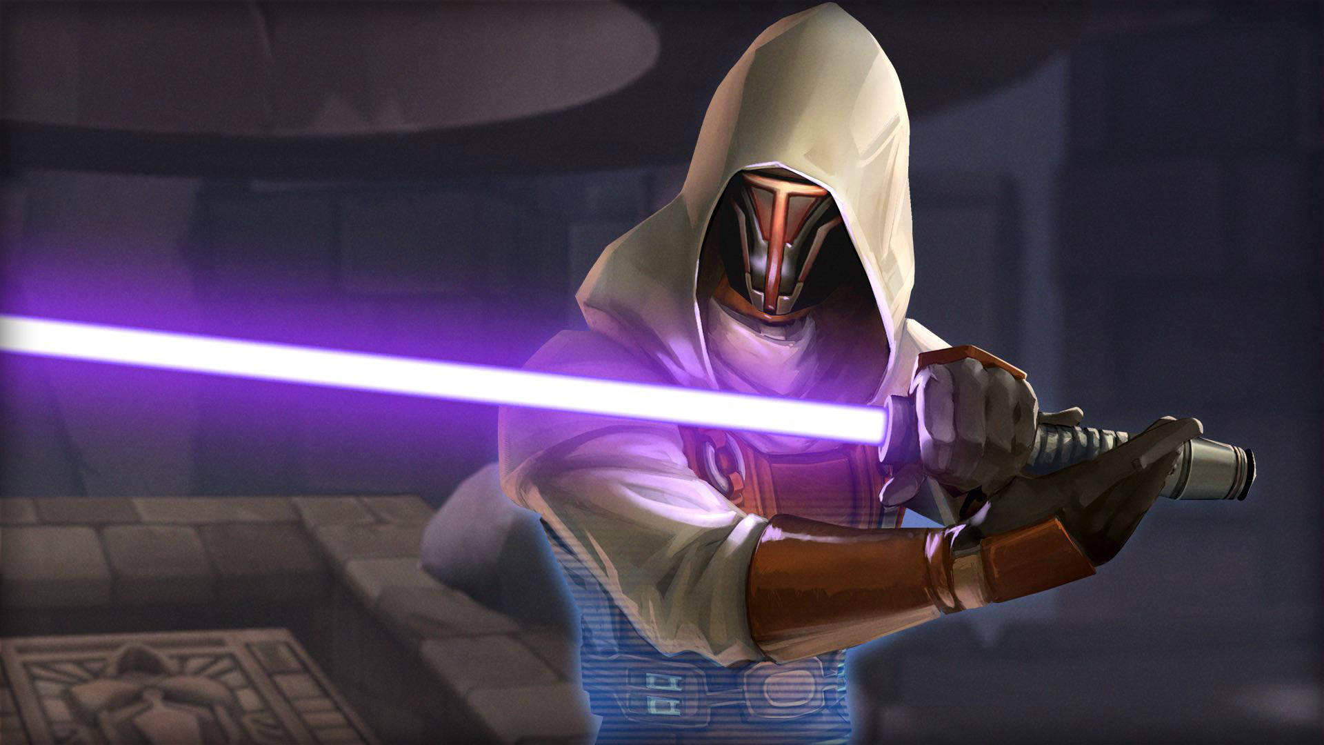 Revan 桌布 壁紙 — 一個戴著兜帽的絕地武士手持紫色光劍，站在昏暗的石室中。