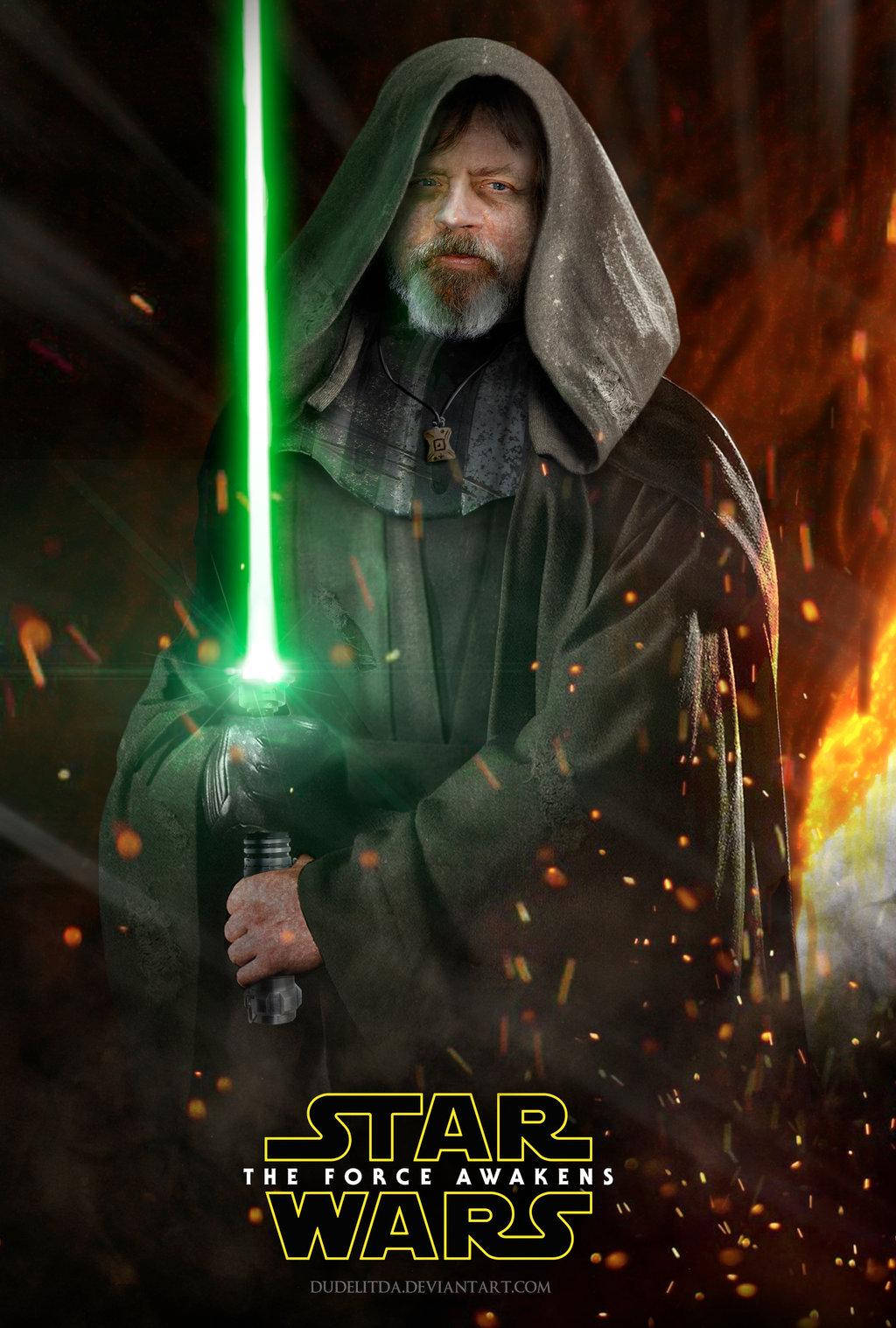 Star Wars Luke Skywalker 4K 桌布 壁紙 — 一個戴著兜帽的絕地武士手持綠色光劍，在黑暗背景下站在熾熱的火花之中。