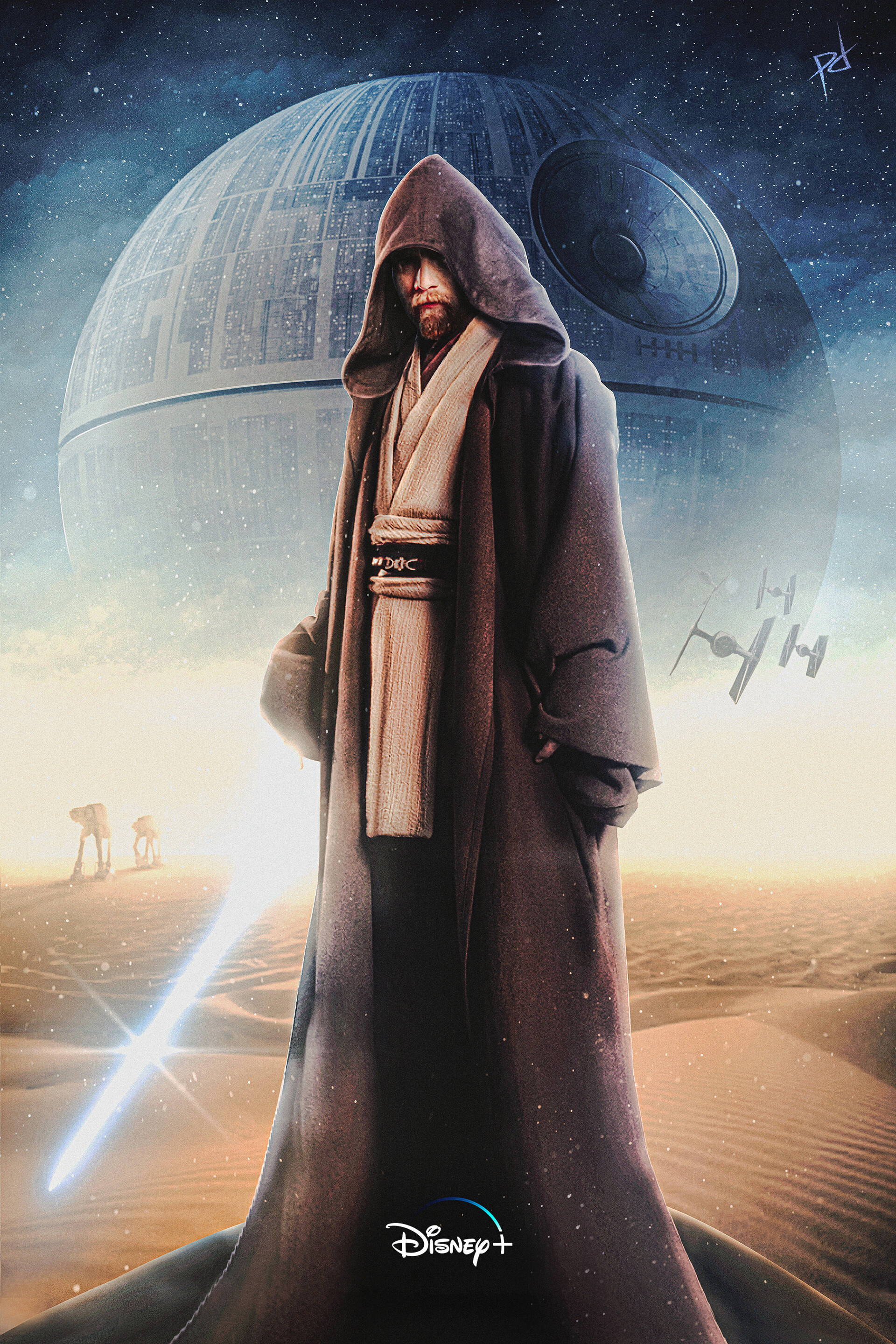Kenobi 桌布 壁紙 — 一個戴著兜帽的絕地武士站在沙漠中，手持發光的雷射劍，死星在他身後繁星點點的天空中若隱若現。