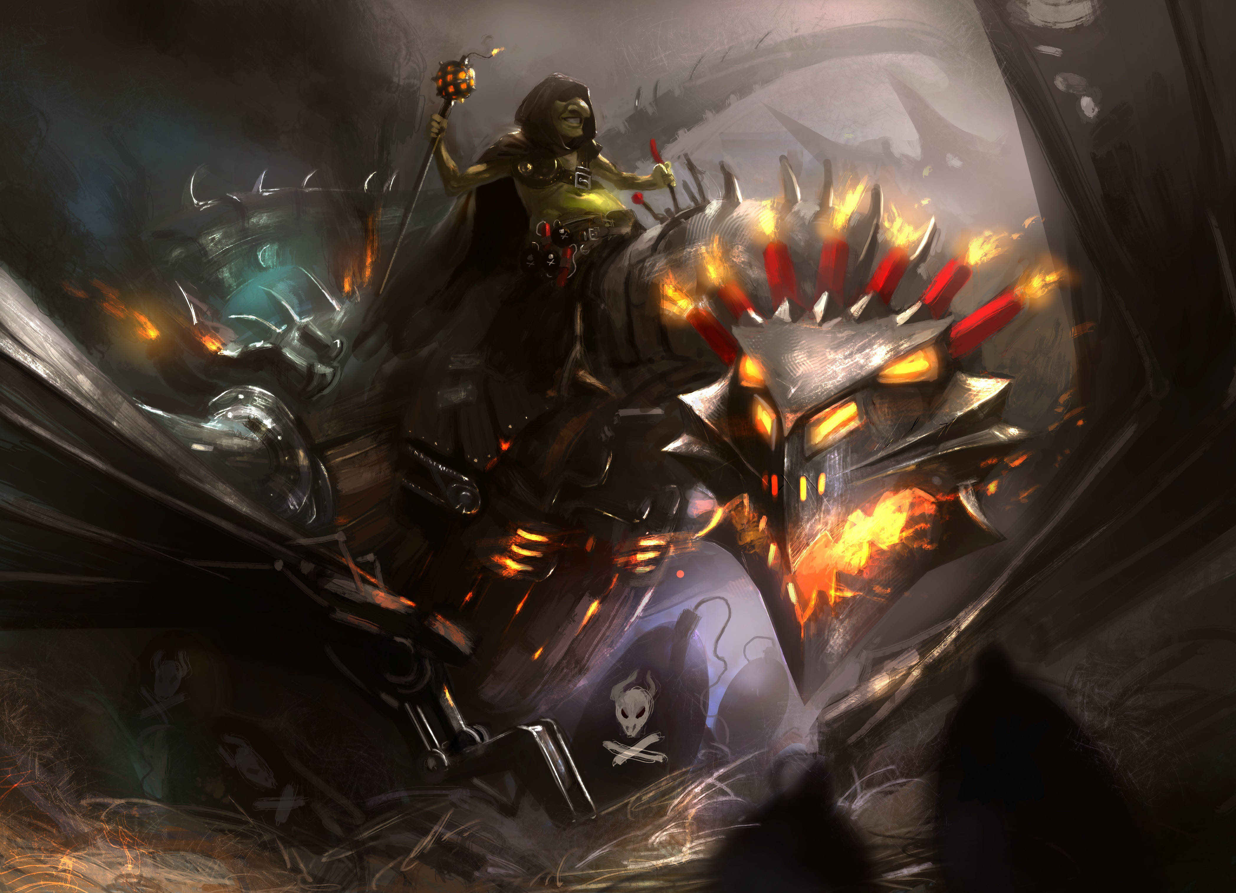 Hearthstone 桌布 壁紙 — 一個戴著兜帽的綠色皮膚戰士騎著一輛帶刺的火焰戰爭機器穿過黑暗煙霧彌漫的戰場。
