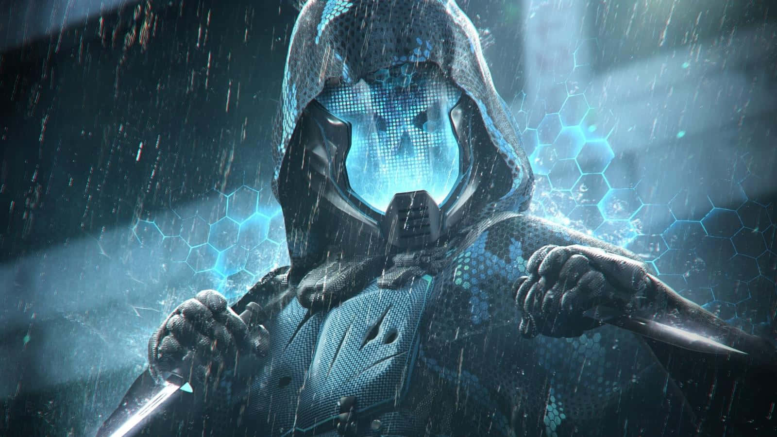 Mortal Kombat Legacy 桌布 壁紙 — 一個戴著兜帽的網路戰士，帶有發光的藍色面罩，站在雨中，手持刀刃，背景為六邊形數位圖案。