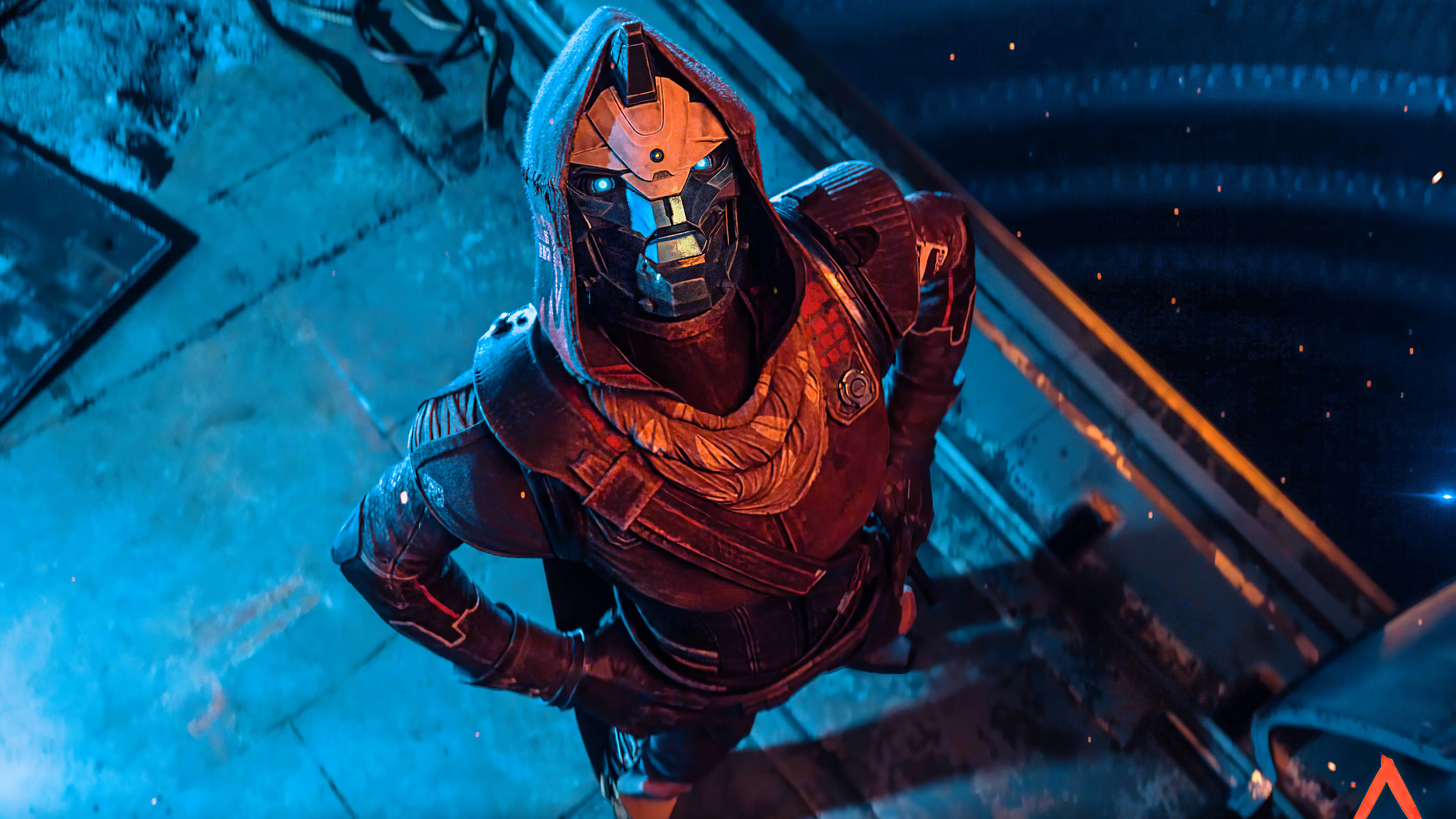 destiny 4K 桌布 壁紙 — 一個戴著兜帽的裝甲人物，在霓虹藍和橙色燈光下站在金屬平台上，眼睛發出藍光。
