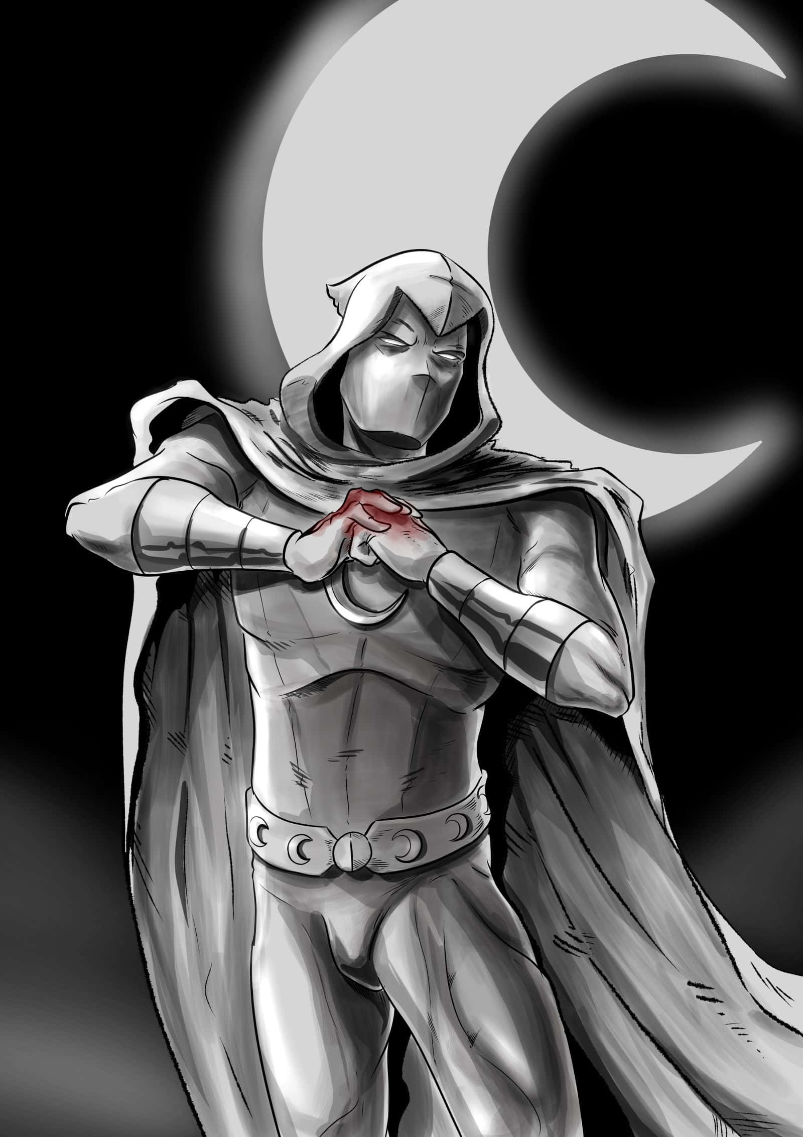 Moon Knight 桌布 壁紙 — 一個戴著兜帽的裝甲人物，血淋淋的雙手交疊在發光的胸前徽章上，背景是新月。