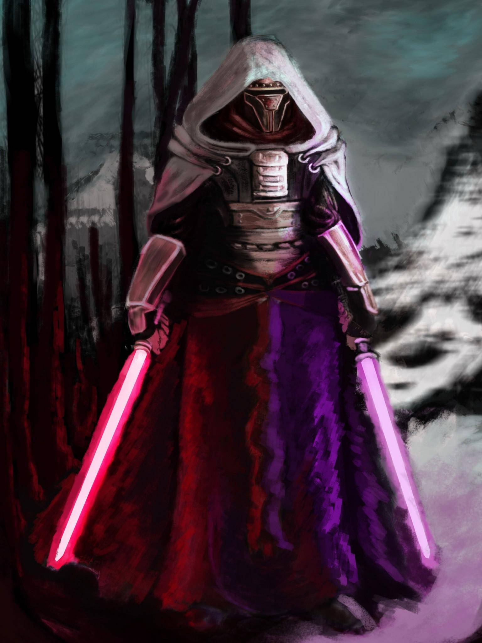Revan 桌布 壁紙 — 一個戴著兜帽的裝甲人物在暴風雨的天空下，在黑暗的森林中揮舞著兩把發光的光劍。