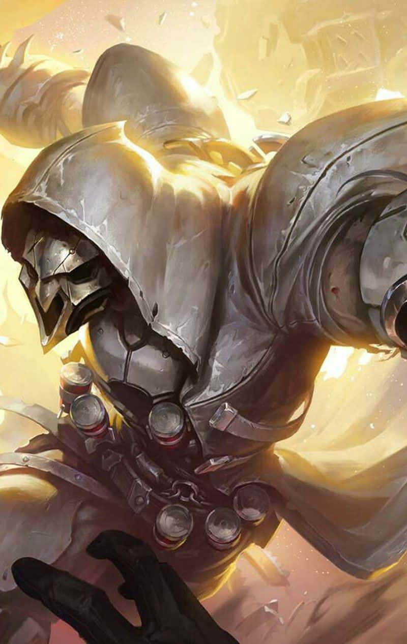 iPhone Xs Overwatch 桌布 壁紙 — 一個戴著兜帽的裝甲戰士，在動態數位插圖中從身體散發出發光的黃色能量爆發。