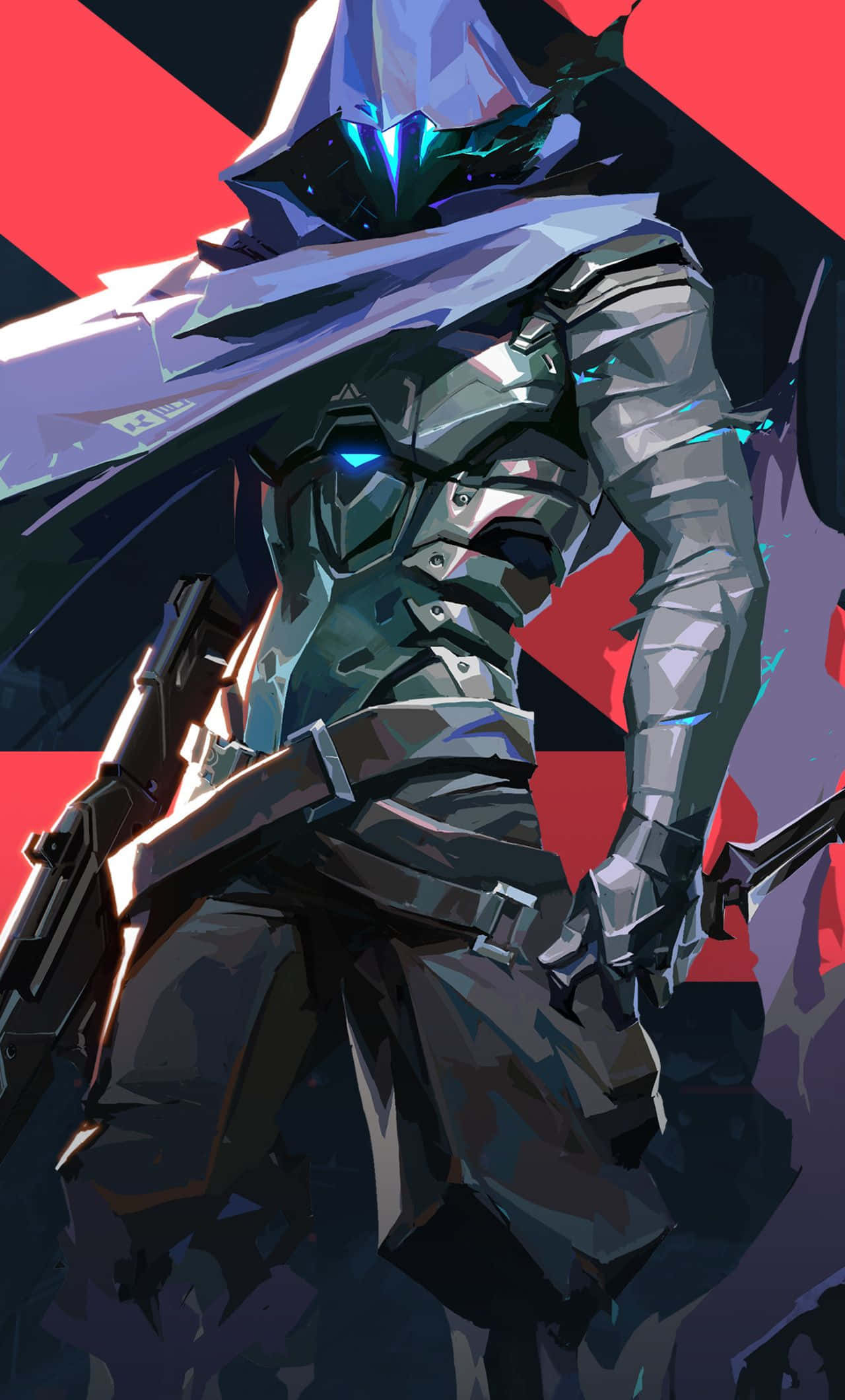 character 桌布 壁紙 — 一個戴著兜帽的裝甲戰士，擁有發光的藍色眼睛和武器，站在大膽的紅色和黑色幾何背景前。