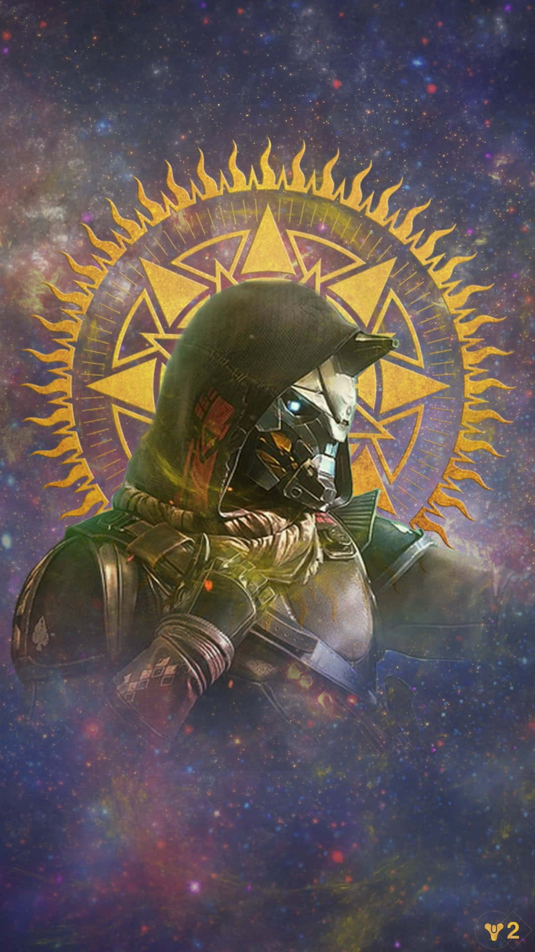 Destiny 2 Phone 桌布 壁紙 — 一個戴著兜帽的裝甲戰士，雙眼發光，站在一個燃燒的太陽符號前，背景是宇宙星空。