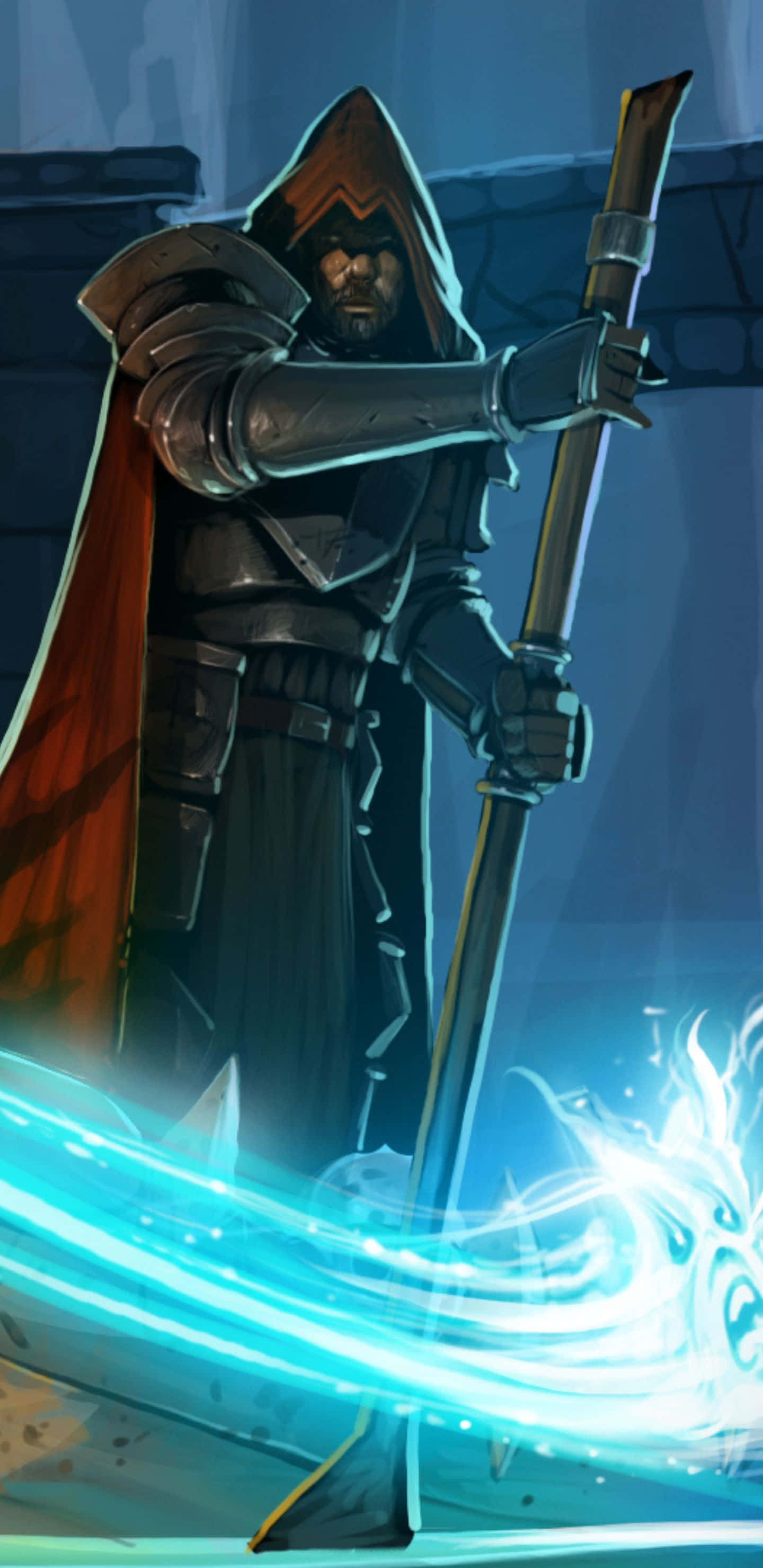 Pixel 3xl Runescape 桌布 壁紙 — 一個戴著兜帽的裝甲戰士在昏暗的石室中揮舞著發光的藍色魔法杖。
