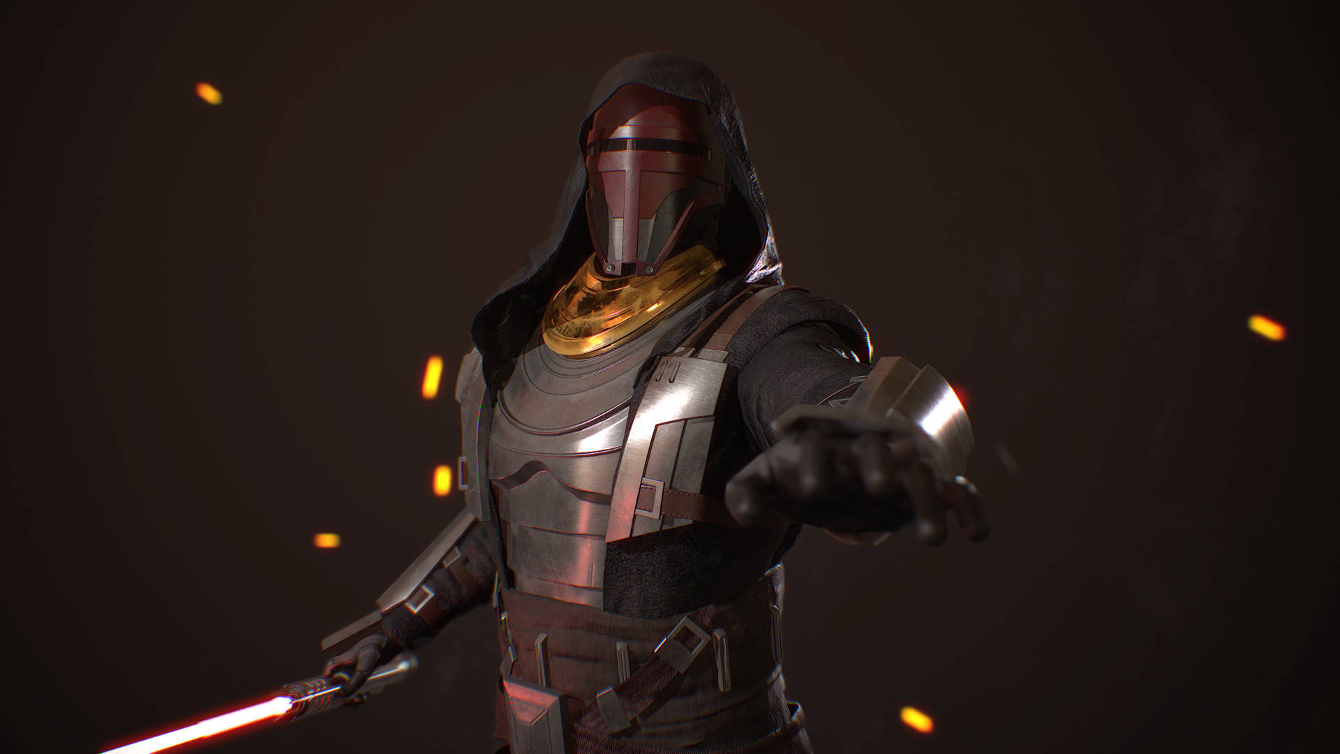 Revan 桌布 壁紙 — 一個戴著兜帽的裝甲戰士手持紅色光劍，在黑暗背景中伸出發光的手，周圍漂浮著餘燼。