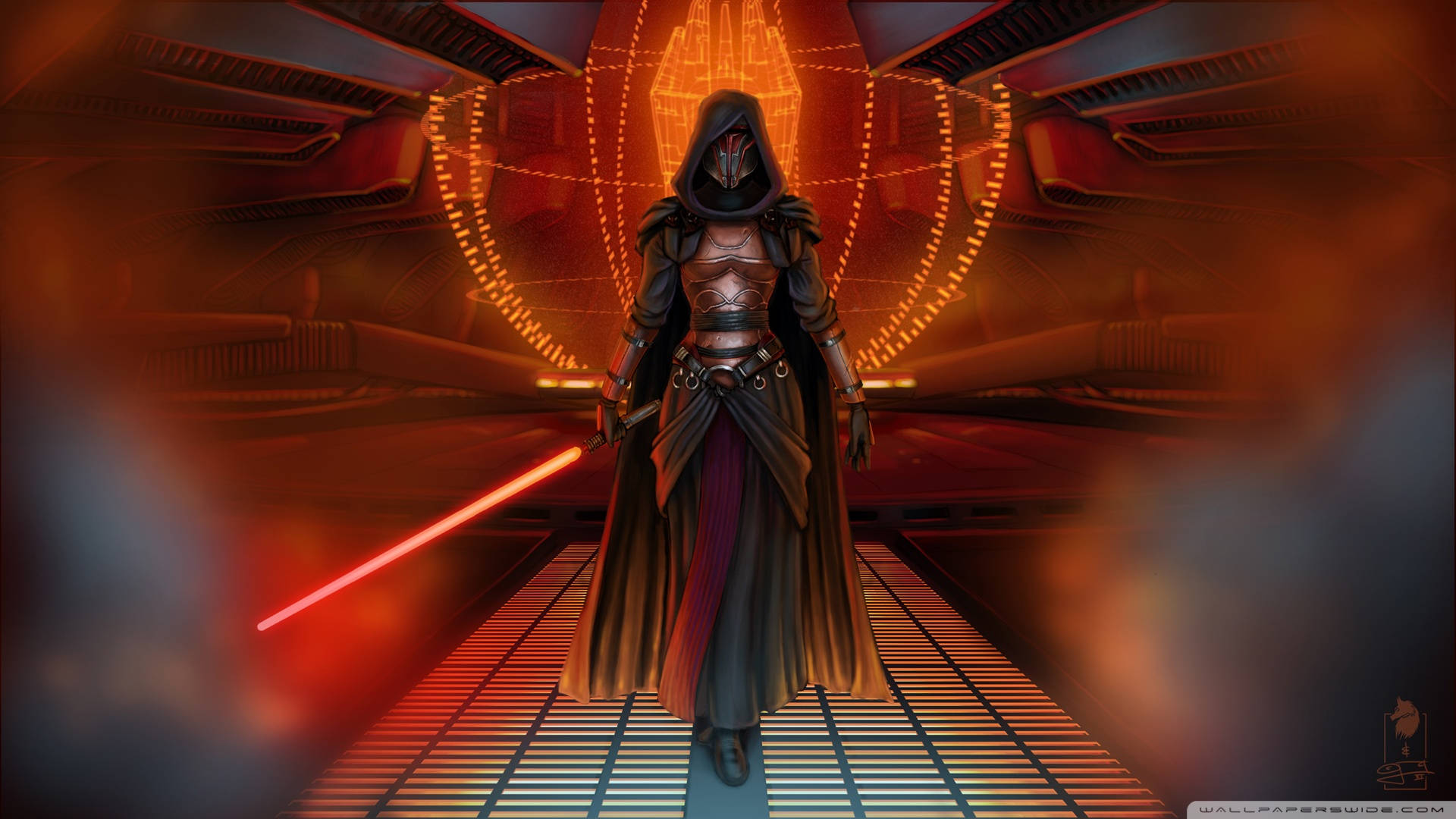 Star Wars Art 桌布 壁紙 — 一個戴著兜帽的西斯尊主站在未來主義的走廊中，在發光的橙色燈光下揮舞著紅色光劍。