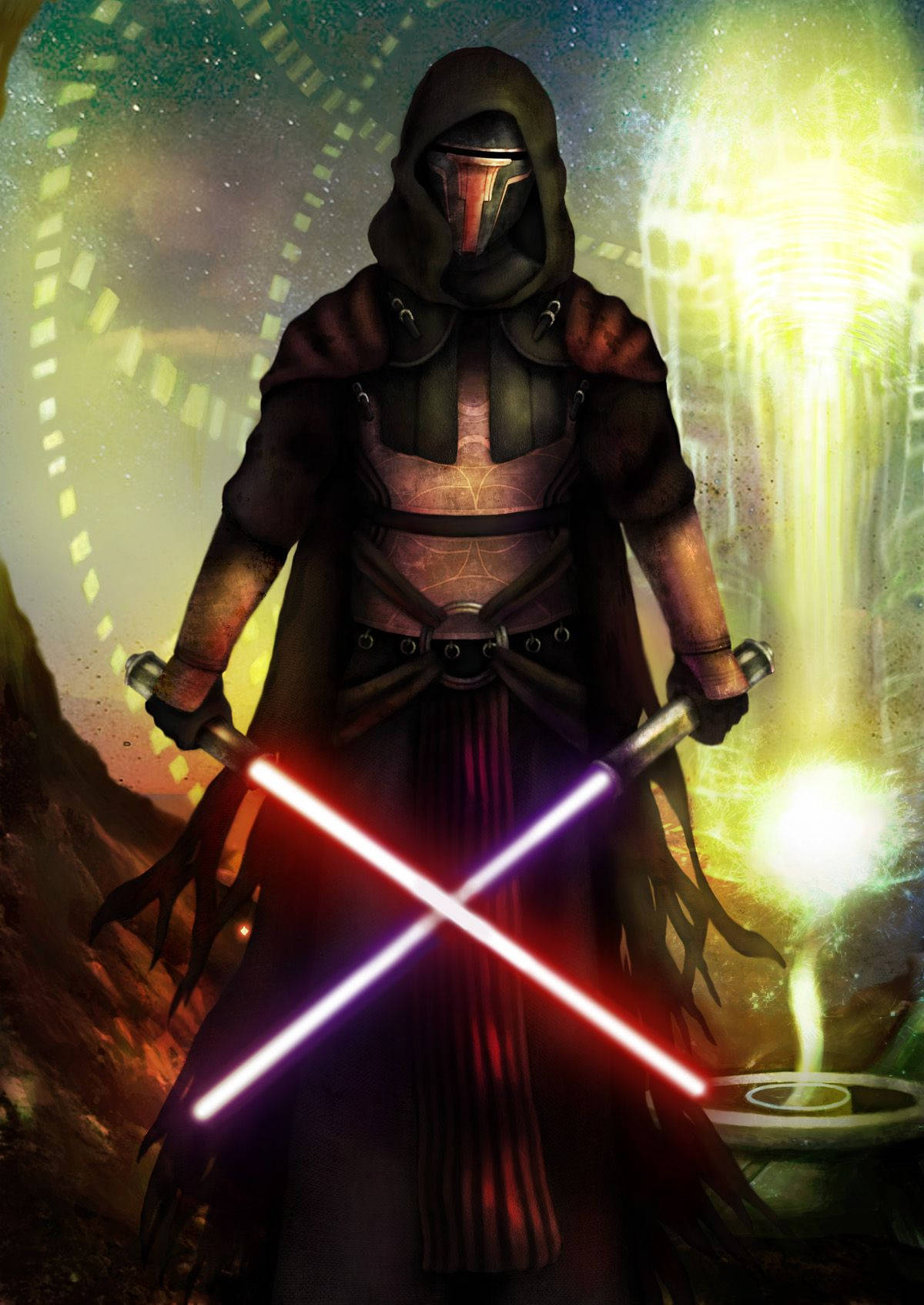 Revan 桌布 壁紙 — 一個戴著兜帽的西斯戰士，在發光的未來背景前交叉著紅色和紫色的光劍。