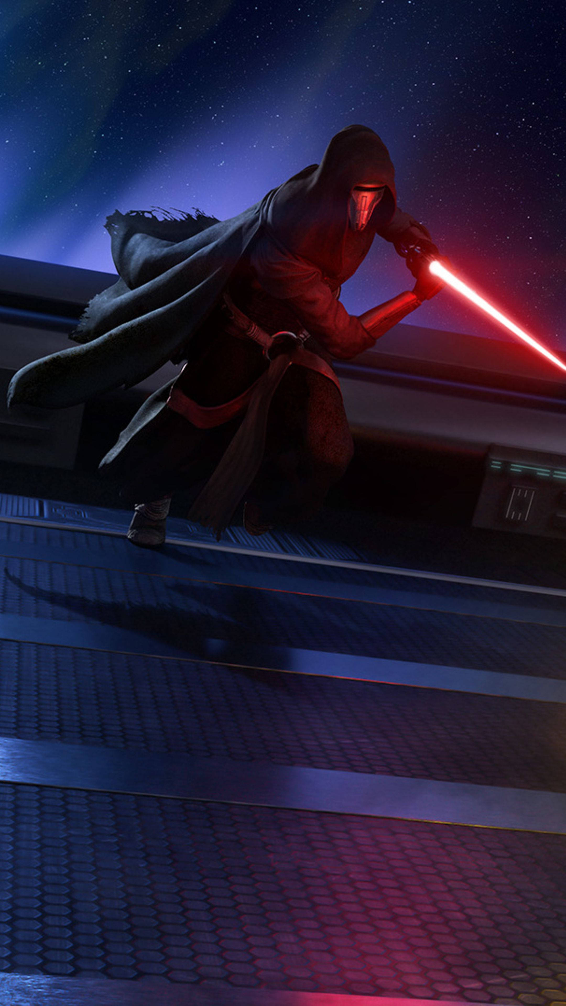 Revan 桌布 壁紙 — 一個戴著兜帽的西斯戰士手持紅色光劍，站在星空下的金屬平台上。