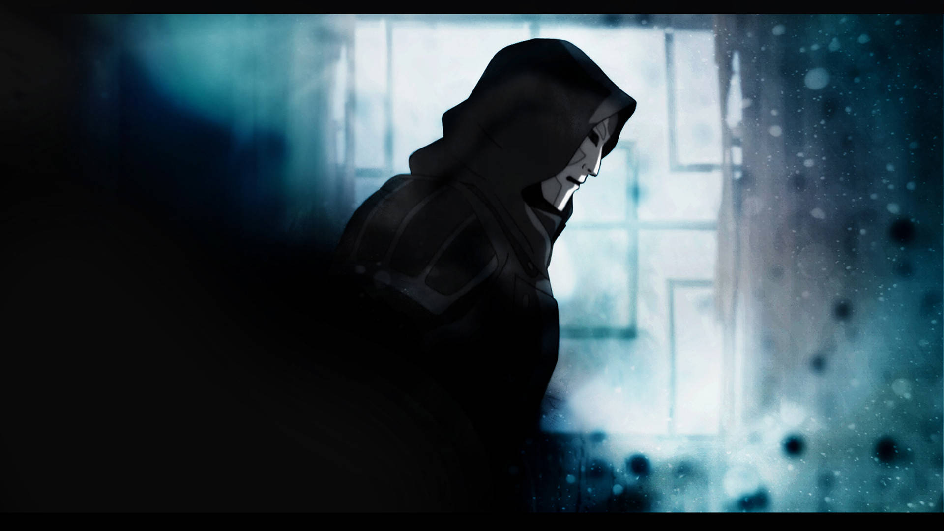 Korra 桌布 壁紙 — 一個戴著兜帽的身影，在散發冷藍色光芒的雨窗前形成陰暗剪影。