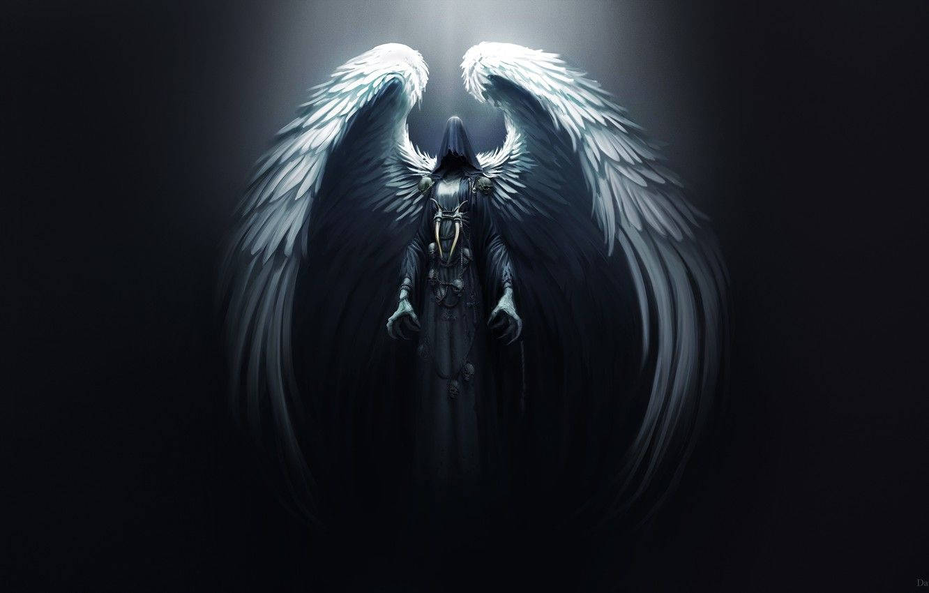 angels 桌布 壁紙 — 一個戴著兜帽的身影，擁有巨大的白色羽毛翅膀，站在黑暗中，被上方的一道聚光燈照亮。