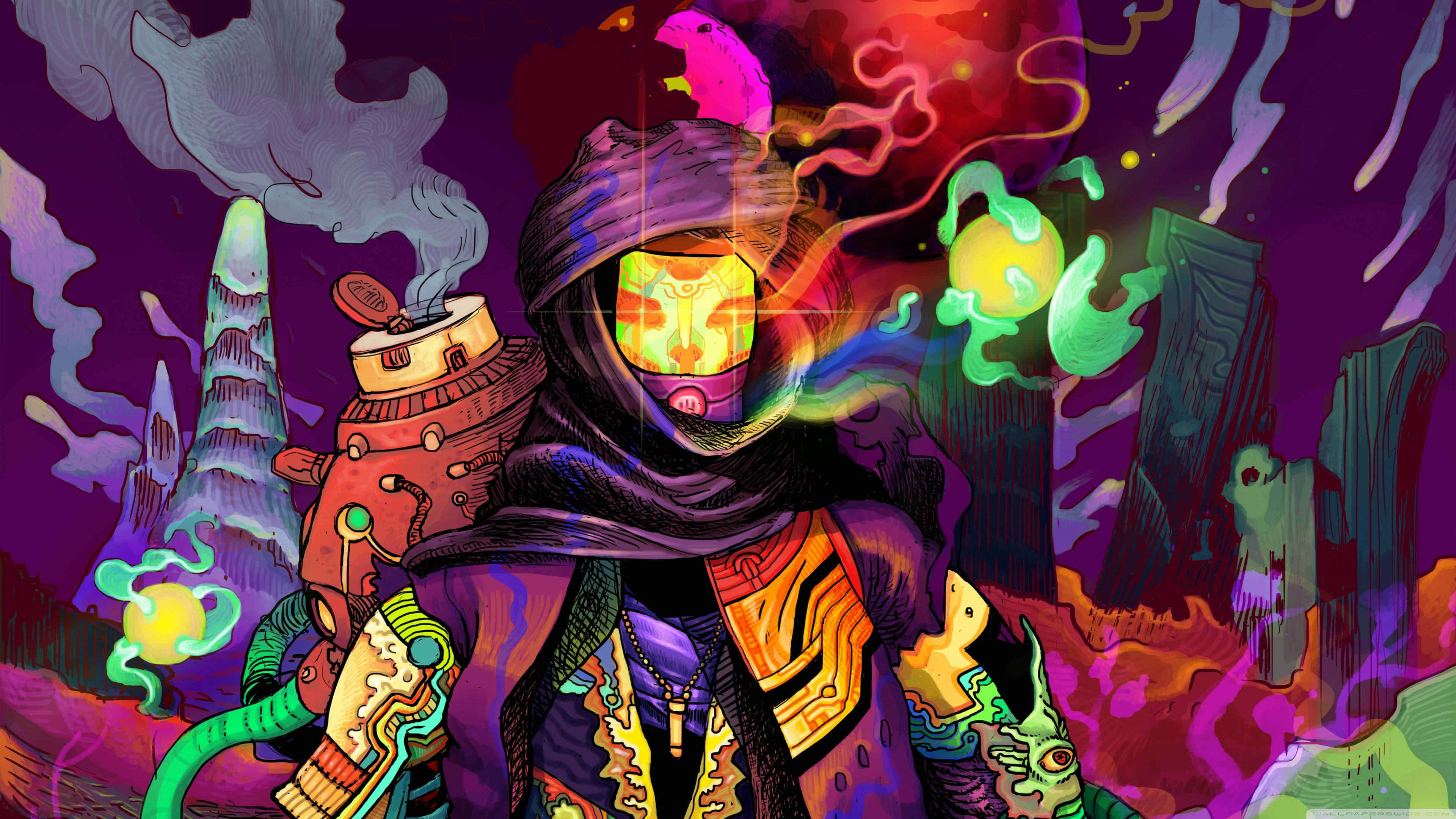 game 桌布 壁紙 — 一個戴著兜帽的身影，擁有發光的眼睛和賽博裝備，站在超現實的霓虹景觀和漂浮球體之間。