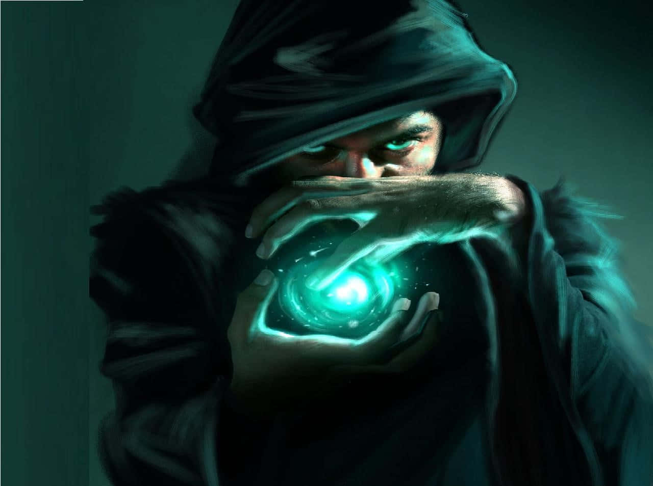 Wizardry 桌布 壁紙 — 一個戴著兜帽的身影，眼睛和雙手發出綠色光芒，在黑暗陰沉的環境中引導一個旋轉的青綠色魔法球。