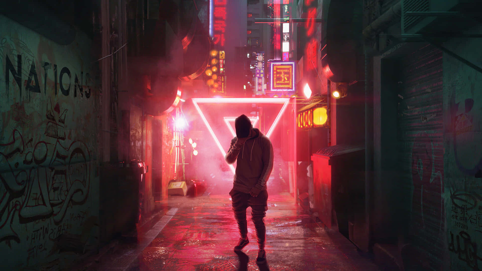 Street Light 桌布 壁紙 — 一個戴著兜帽的身影在夜晚走在一條霓虹燈閃爍的小巷中，塗鴉牆壁和發光的招牌在濕漉漉的人行道上投下紅色倒影。