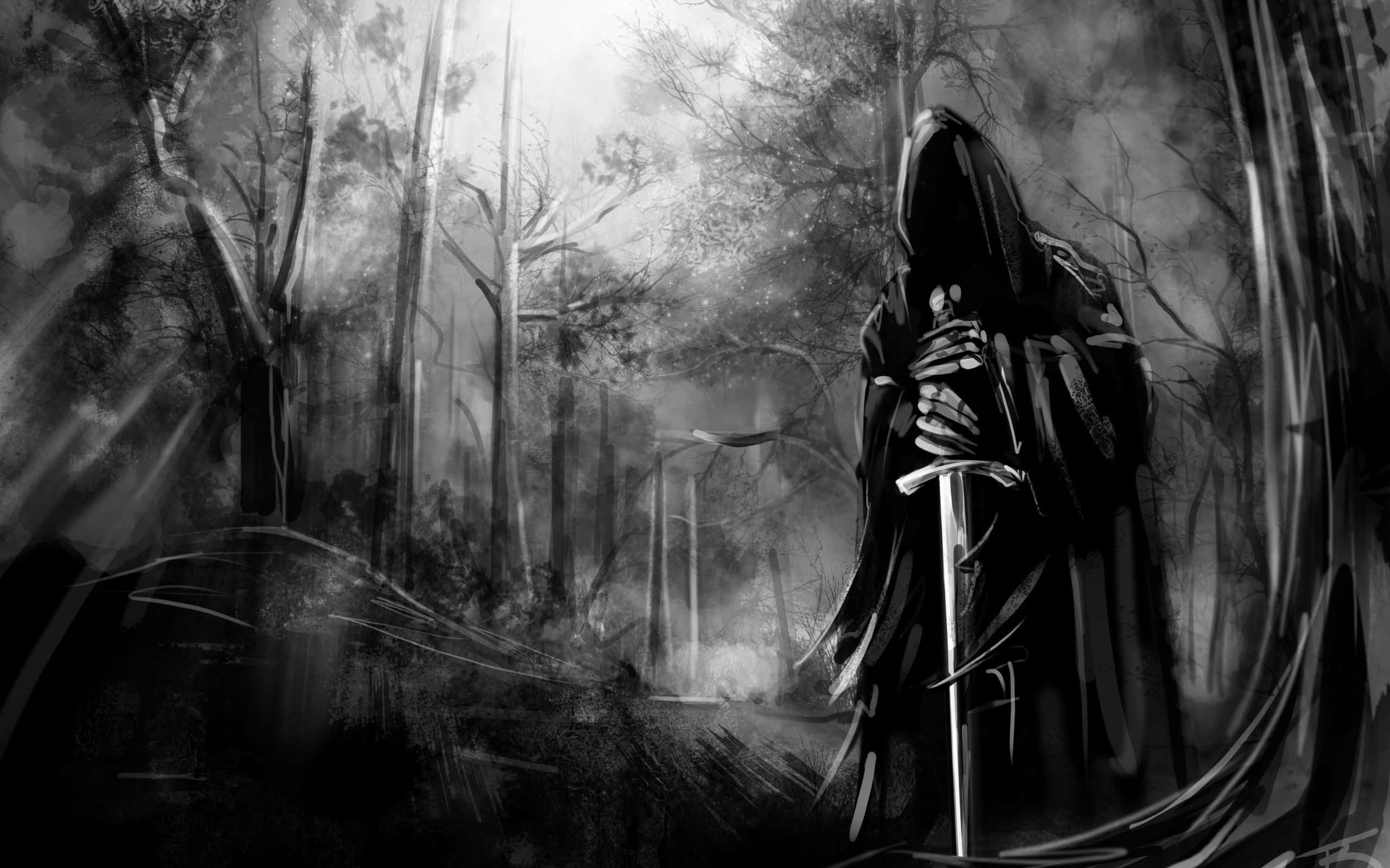 Unsettling 桌布 壁紙 — 一個戴著兜帽的身影在迷霧森林中握著劍，周圍是骷髏般的樹木，戲劇性的背光。