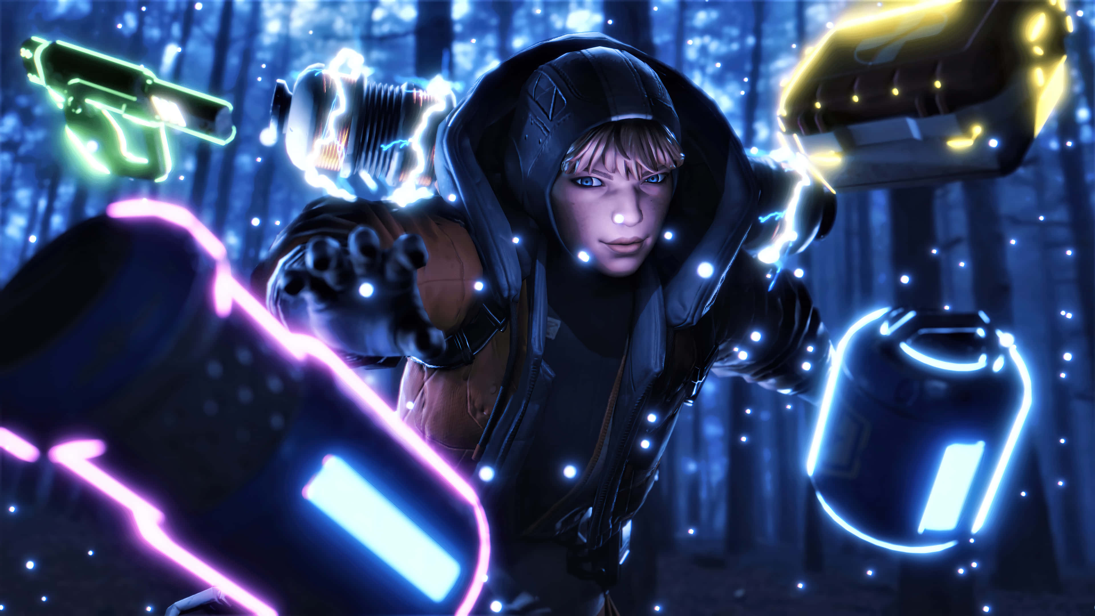 Apex Legends Characters 桌布 壁紙 — 一個戴著兜帽的身影在黑暗的森林中，在藍色霓虹天空下揮舞著發光的未來武器和能量球。