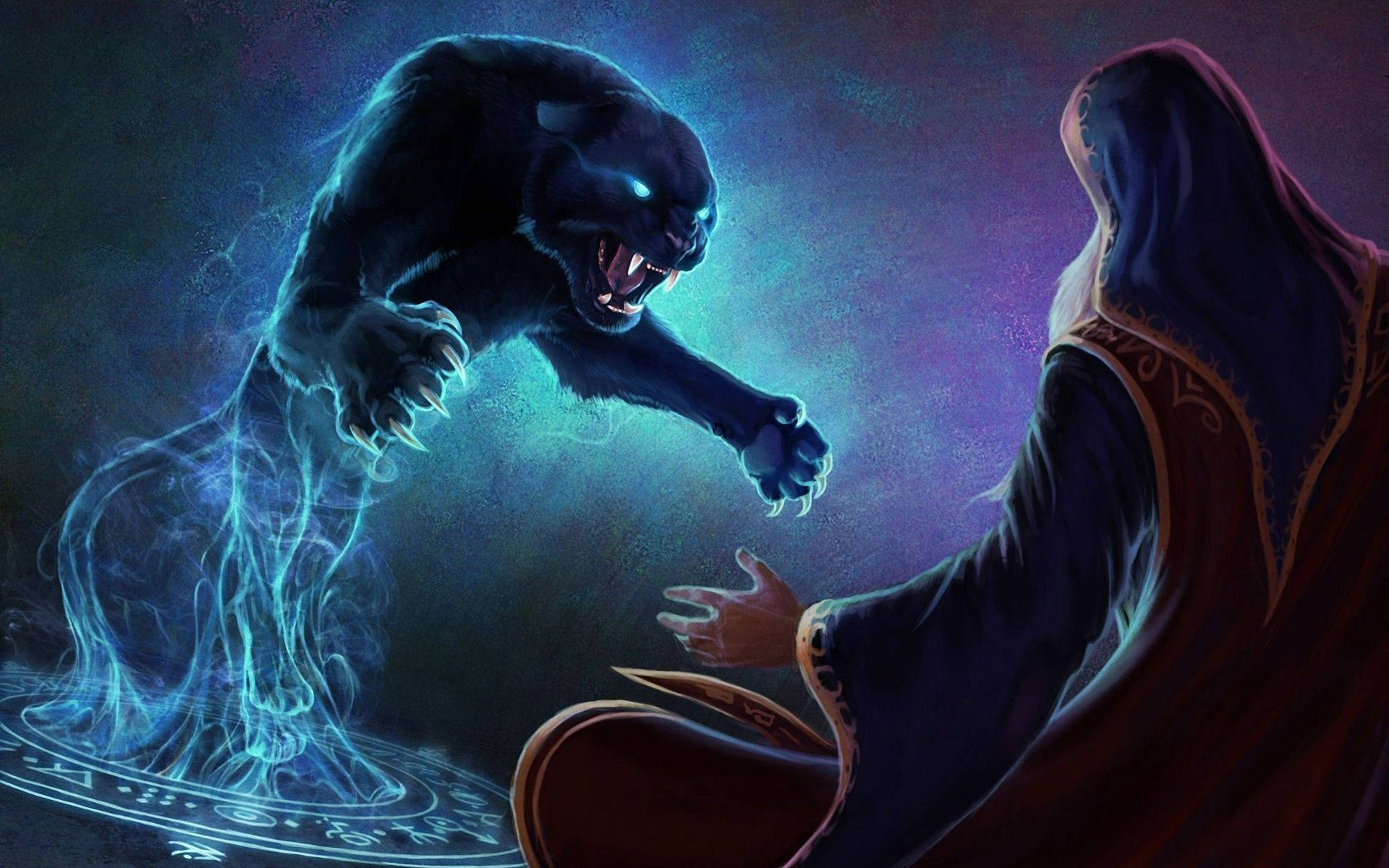 panther 桌布 壁紙 — 一個戴著兜帽的身影在黑暗的魔法環境中從神秘圓圈召喚出一隻發光的藍色幽靈豹。