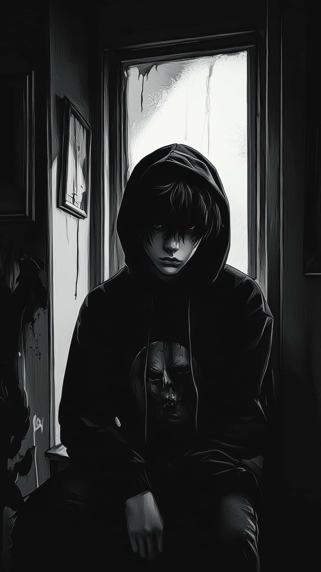 Dark Moody Portrait of a Hooded Figure Sitting by a Frosted Window in a Gloomy Room 壁紙 — 一個戴著兜帽的身影坐在陰暗的房間裡，身後是骯髒的窗戶，在強光下臉色蒼白，眼神空洞。