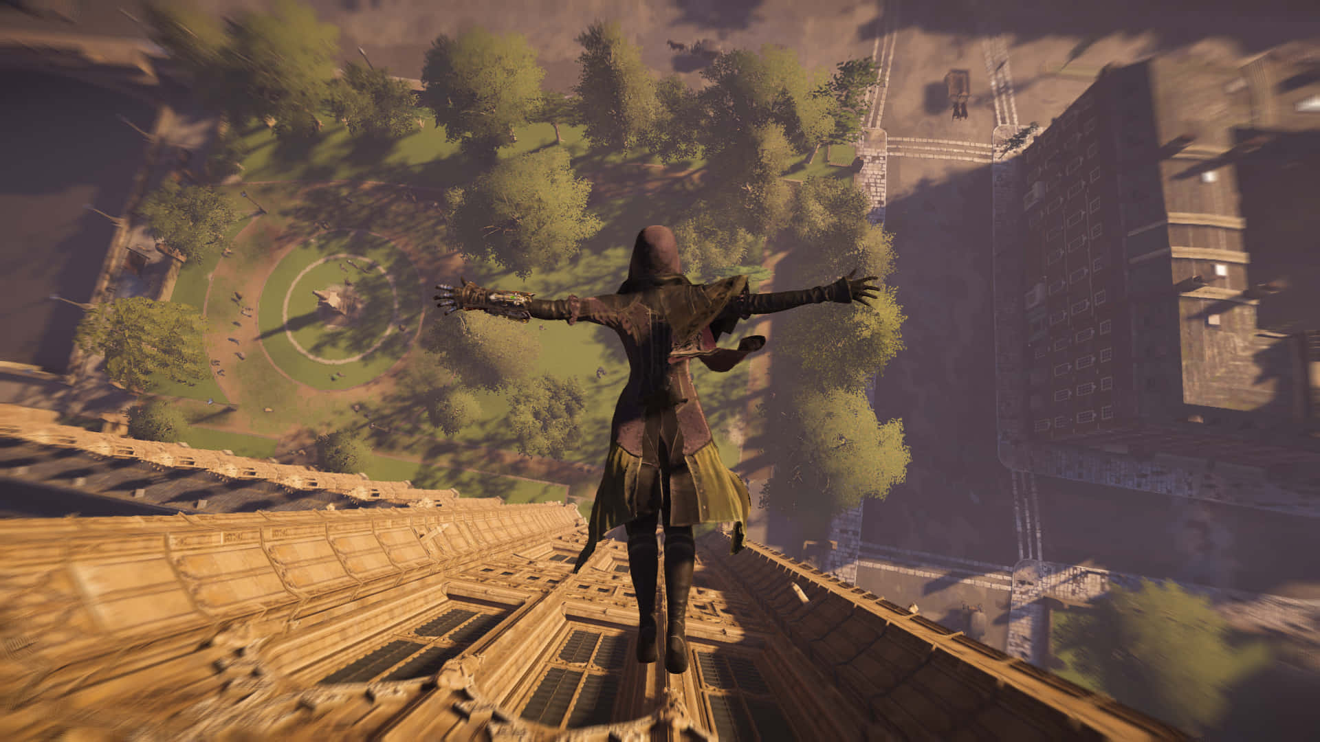 Evie Frye 桌布 壁紙 — 一個戴著兜帽的身影從大教堂屋頂躍下，張開雙臂，越過陽光普照的公園和城市景觀。