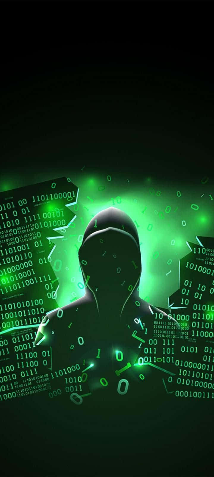 程式設計 桌布 壁紙 — 一個戴著兜帽的身影從黑暗背景中發光的綠色二進制代碼中浮現。