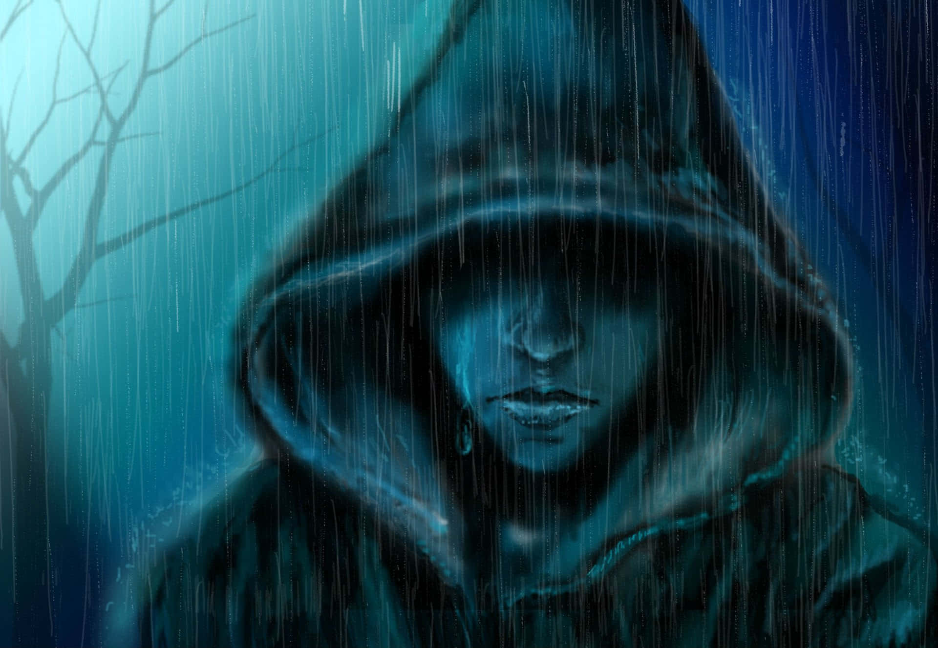 mood 桌布 壁紙 — 一個戴著兜帽的身影站在傾盆大雨中，背後是光禿禿的樹木，被詭異的藍光照亮。
