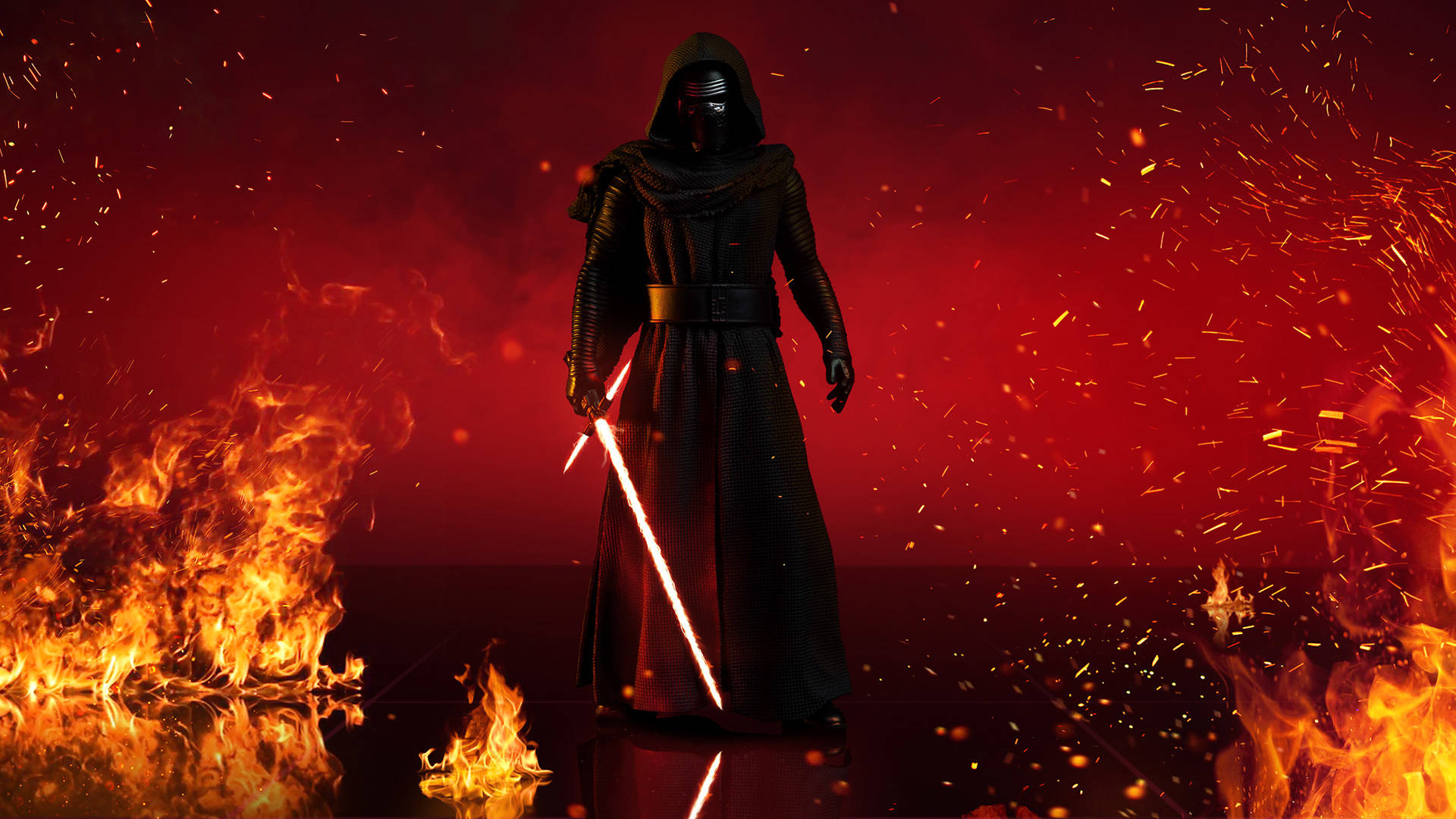 Star Wars iPad 桌布 壁紙 — 一個戴著兜帽的身影站在咆哮的火焰和飛舞的火花中，背景是火紅色的。