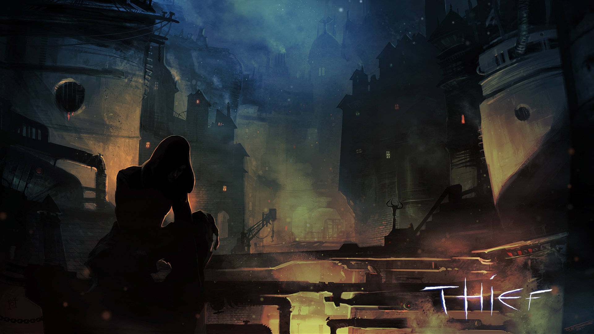 Thief 桌布 壁紙 — 一個戴著兜帽的身影站在夜晚昏暗潮濕的中世紀城市景觀中，窗戶發光，石建築高聳。