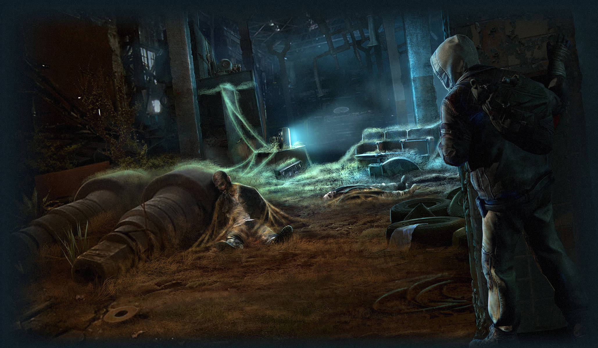 Stalker 桌布 壁紙 — 一個戴著兜帽的身影站在昏暗的廢墟建築中，被詭異的藍光照亮，顯露出屍體和長滿植物的管道。