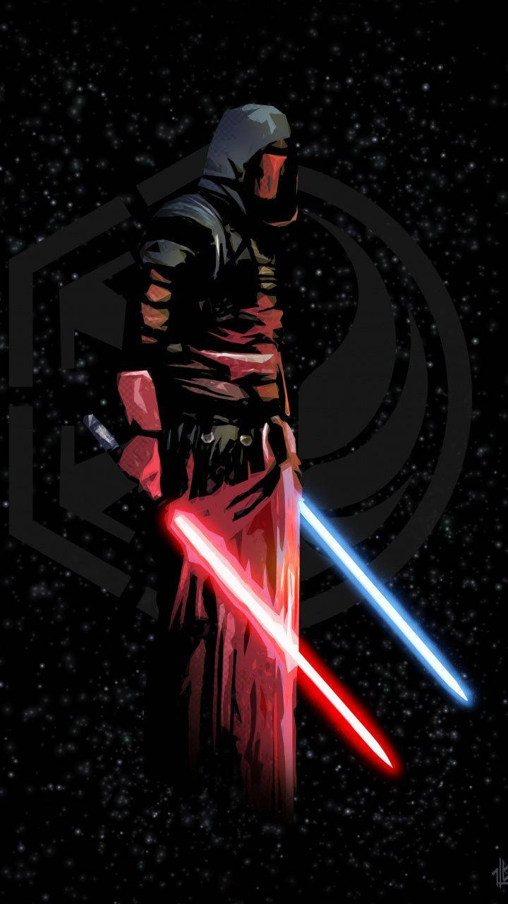 Revan 桌布 壁紙 — 一個戴著兜帽的身影站在星空之中，手持交叉的紅色和藍色光劍，背後有一個黑暗的標誌。