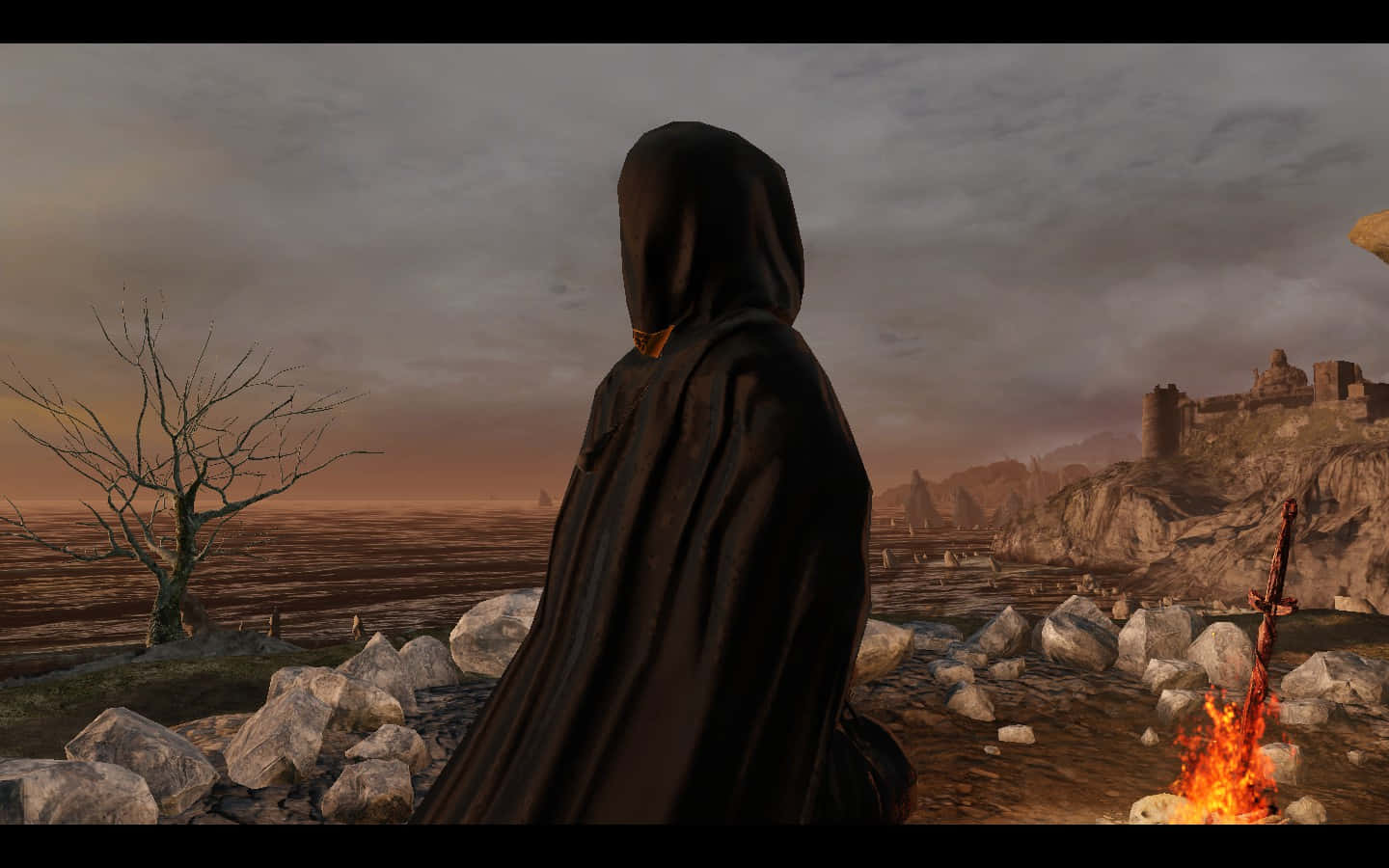 Dark Souls Emerald Herald 桌布 壁紙 — 一個戴著兜帽的身影站在營火旁，眺望著荒涼的岩石海岸，遠處有一座廢墟城堡，籠罩在陰沉的暮色天空下。