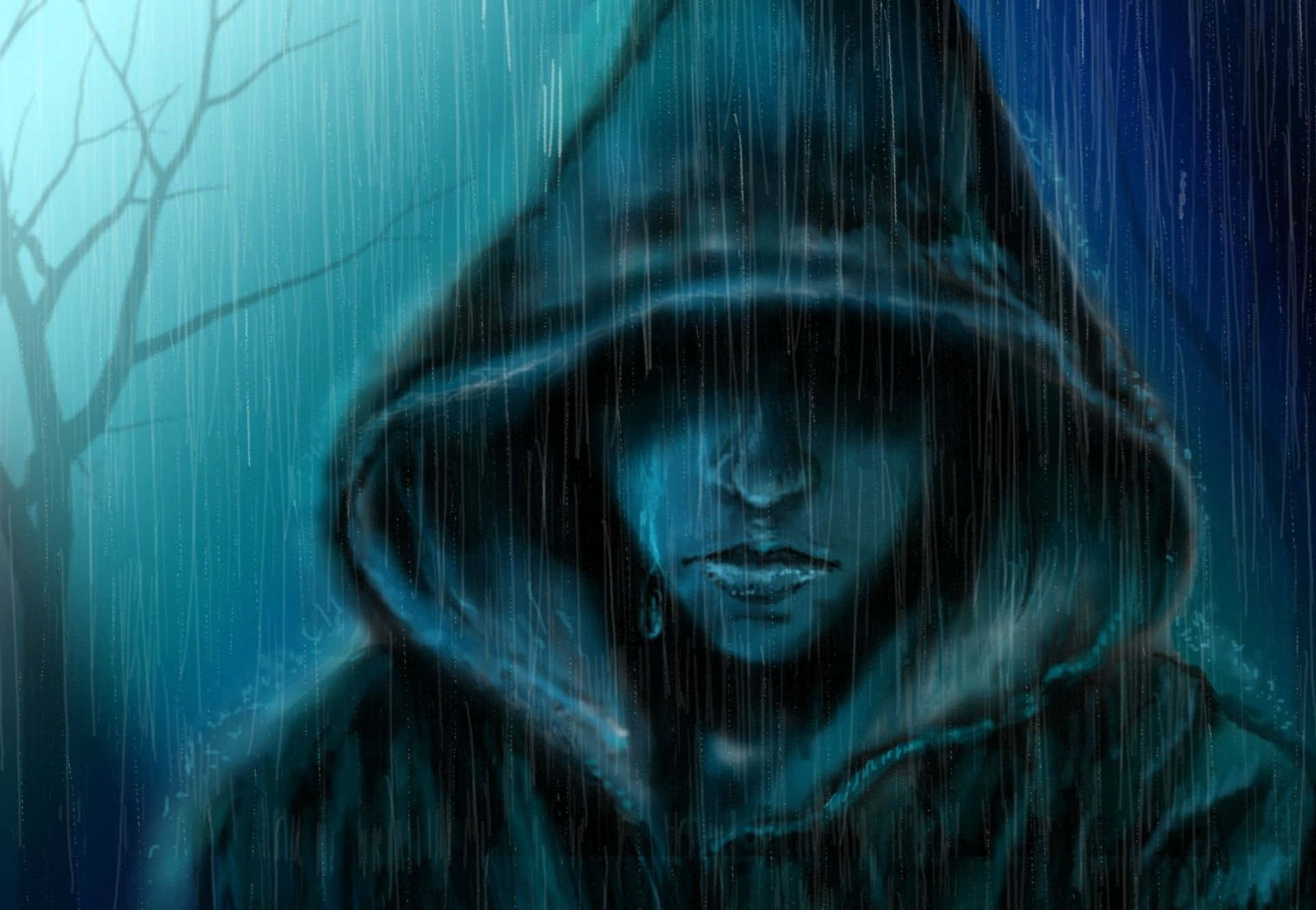 Depressed 桌布 壁紙 — 一個戴著兜帽的身影站在雨夜中，背後是光禿的樹木，散發著藍色光芒和迷霧氛圍。