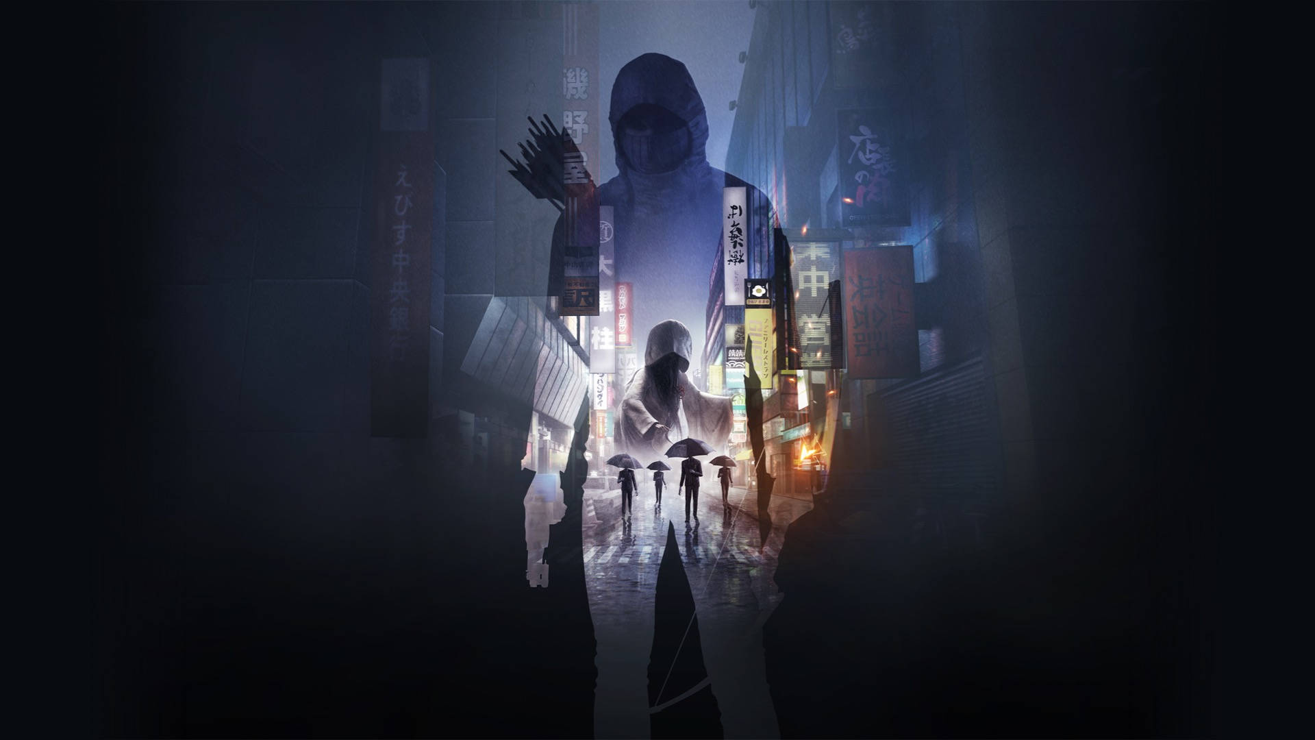 Ghostwire Tokyo 桌布 壁紙 — 一個戴著兜帽的身影站在霓虹燈照亮、雨水浸濕的東京小巷中，下方有撐著傘的剪影行人走過。