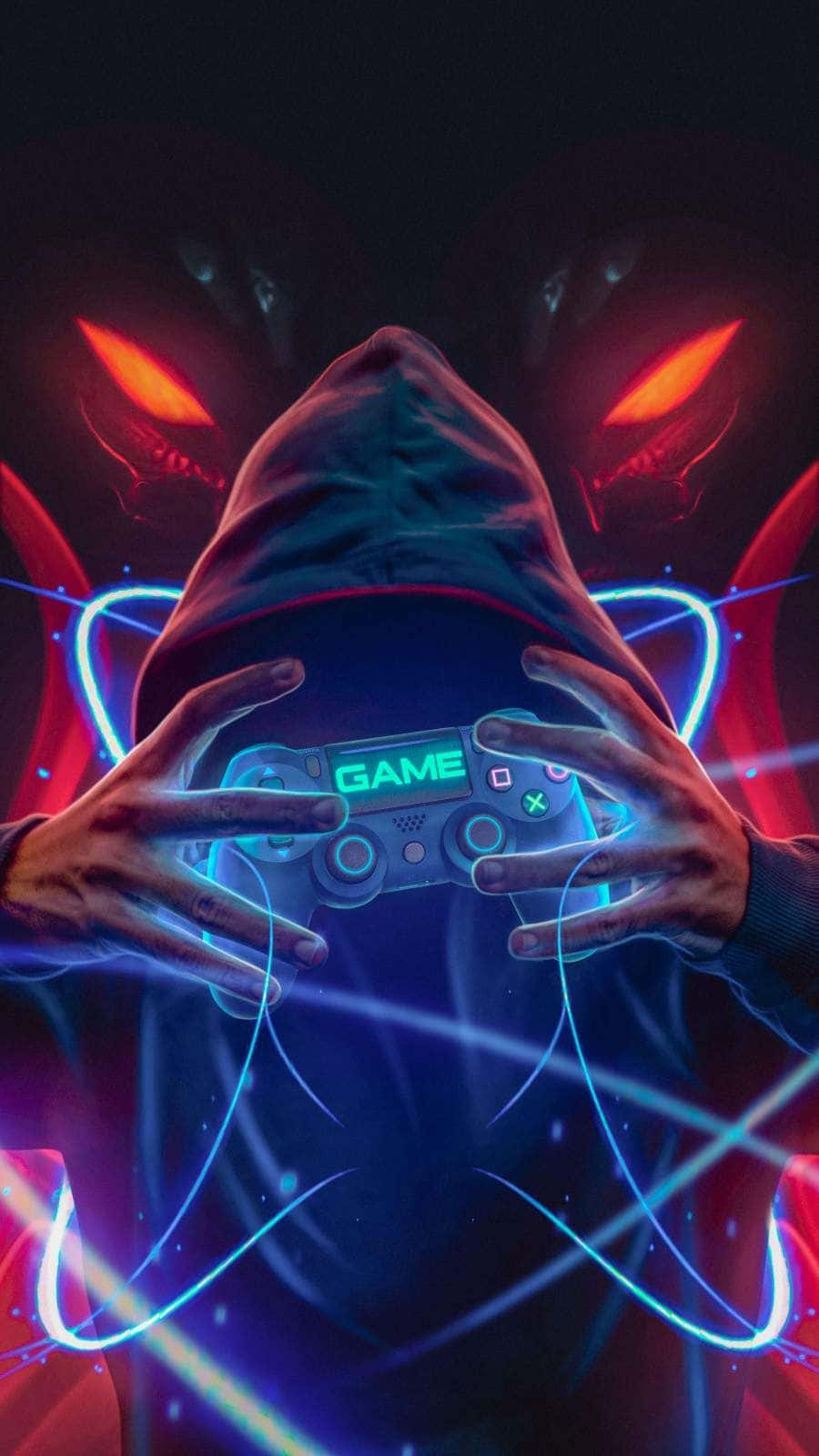 Pro Gamer 桌布 壁紙 — 一個戴著兜帽的身影緊握著發光的遊戲控制器，霓虹能量在他們周圍彎曲，背景是黑暗的，有火焰般的惡魔之眼。