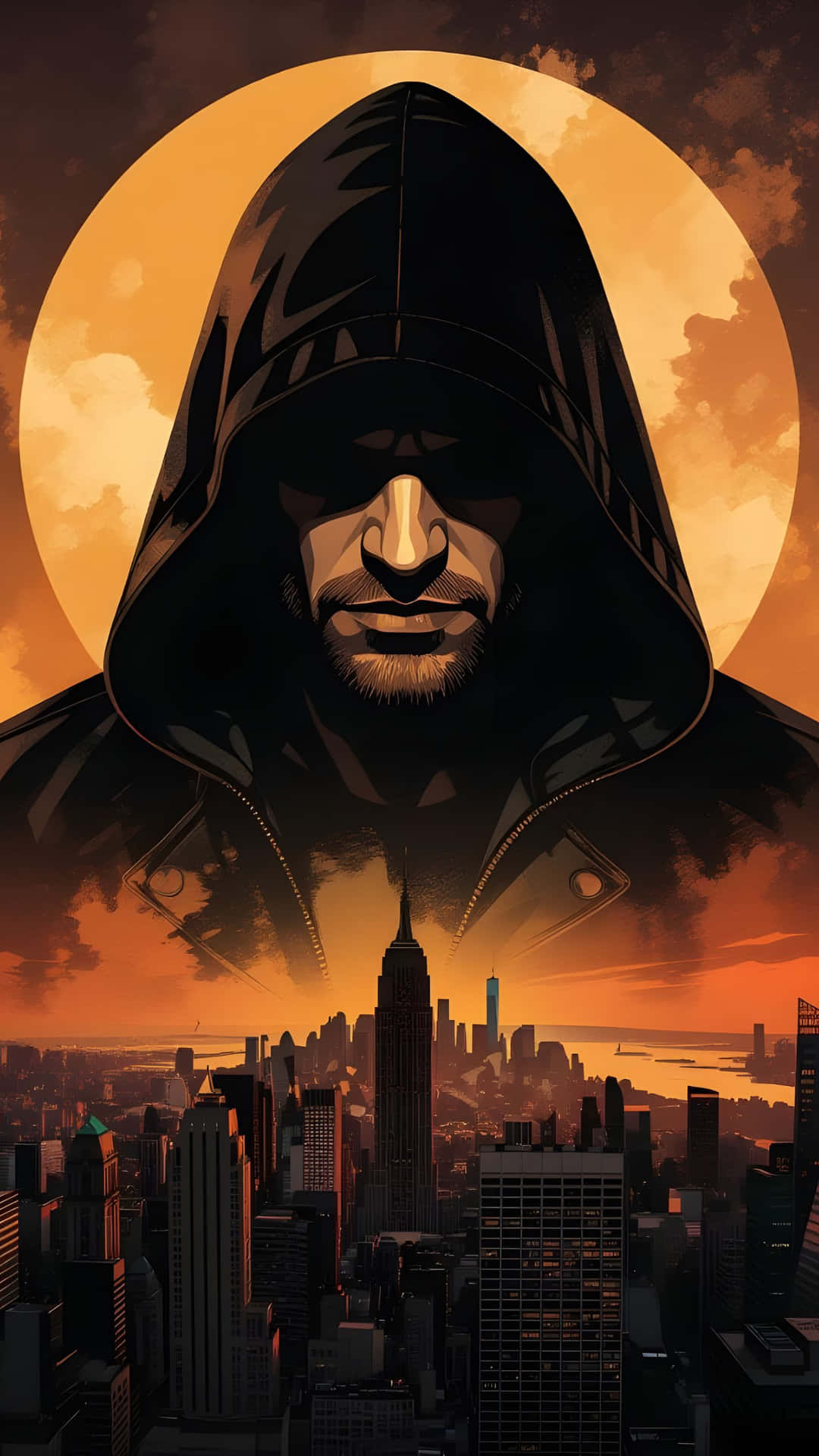 A Hooded Vigilante Rises Against a Fiery Skyline 壁紙 — 一個戴著兜帽的身影聳立在日落時分的城市天際線上，背後巨大的橙色太陽投下戲劇性的陰影。