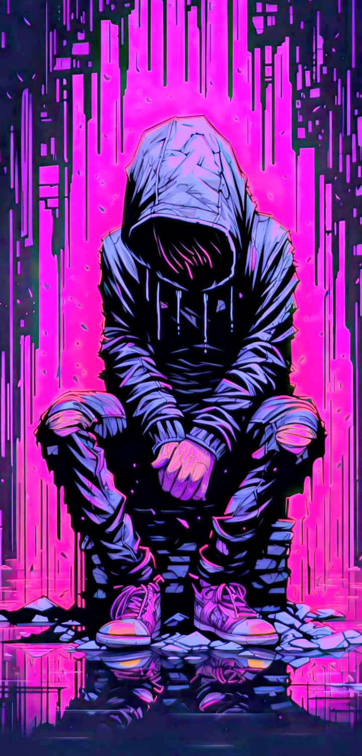 Boy 壁紙 — 一個戴著兜帽的身影蜷縮在碎玻璃上，身處滴落的霓虹粉紅燈光下的賽博朋克小巷。