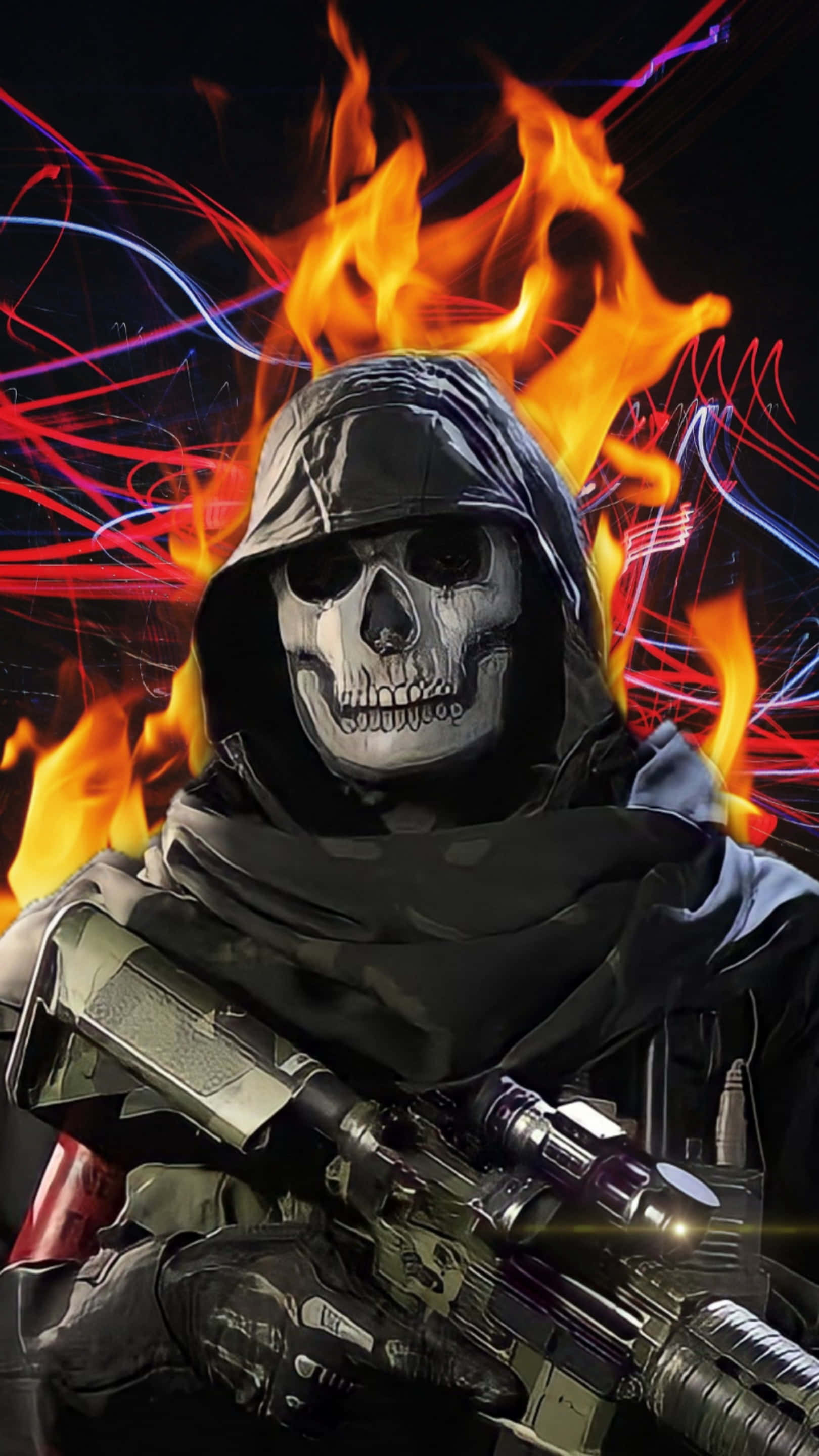Call Of Duty Ghosts 桌布 壁紙 — 一個戴著兜帽的骷髏戰士在黑暗背景下，於咆哮的火焰和霓虹能量條中揮舞著一把未來步槍。