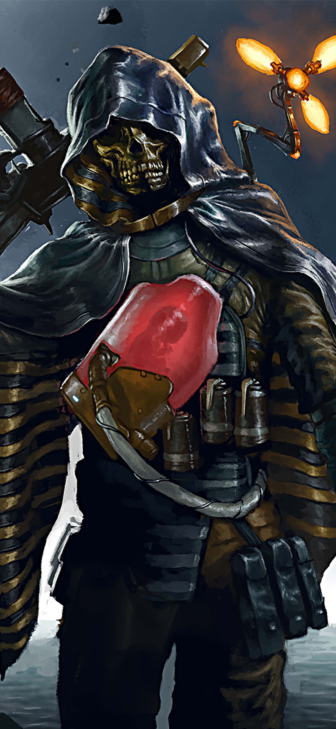 iPhone Xs Death Stranding 桌布 壁紙 — 一個戴著兜帽的骷髏戰士身穿黑色盔甲，在暴風雨的天空下手持發光的紅色球體，旁邊有一盞漂浮的燈籠。