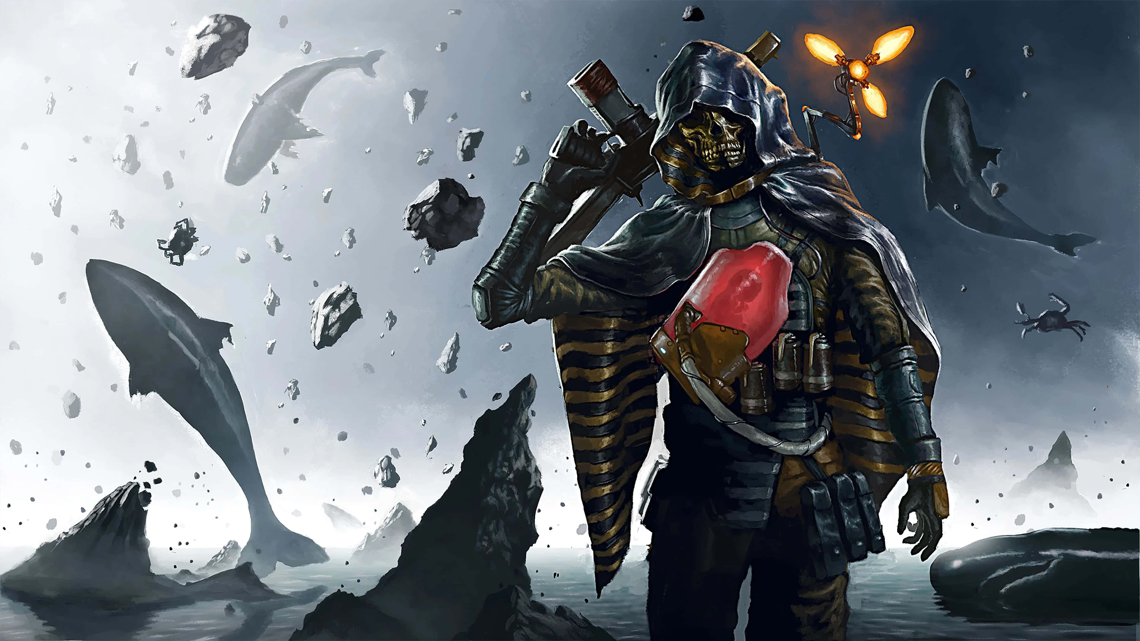 death stranding iPhone 桌布 壁紙 — 一個戴著兜帽的骷髏臉戰士，站在漂浮的碎片和巨鯊之間，處於風暴般的末日海景中。