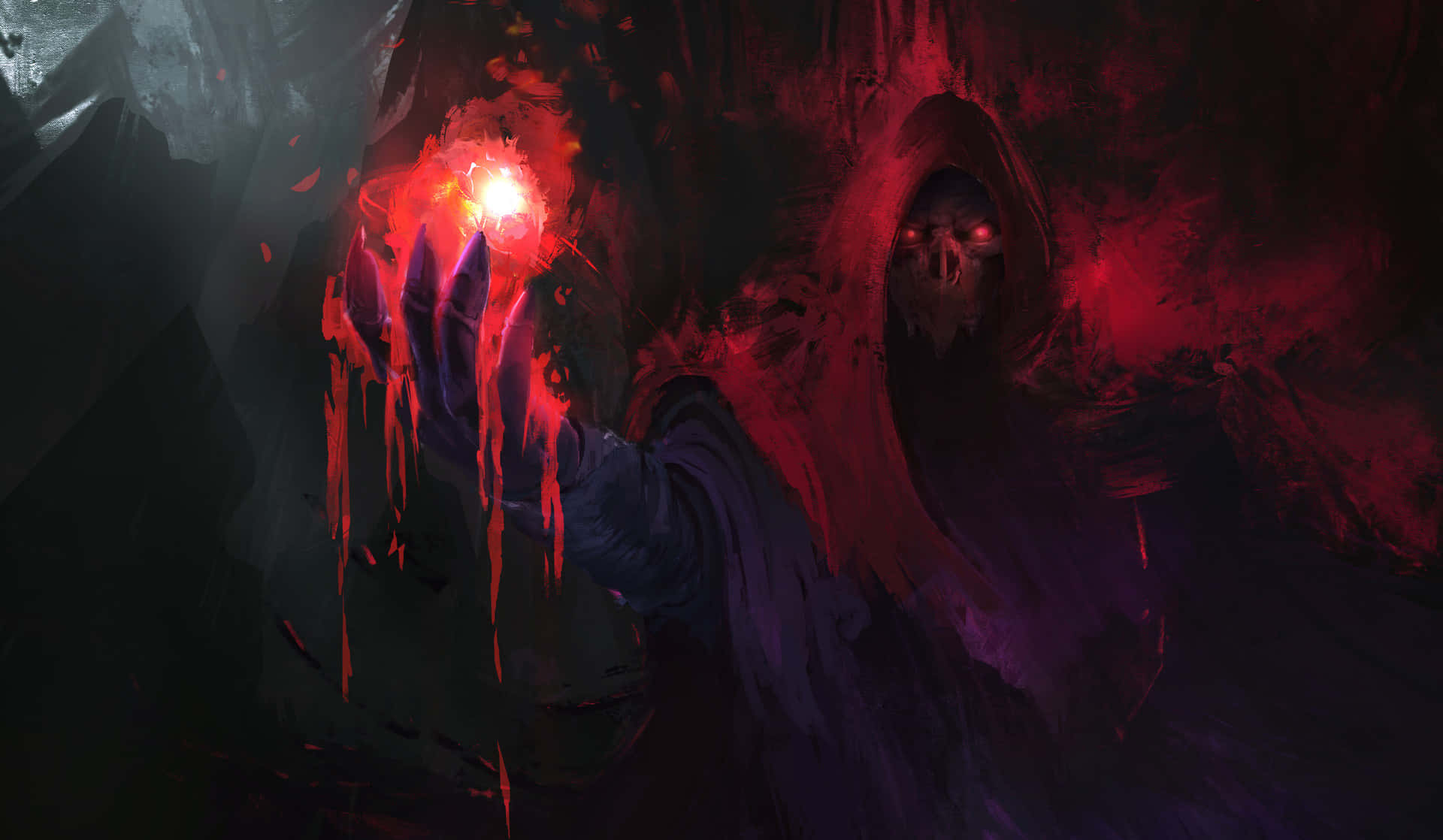 Sorcerer 桌布 壁紙 — 一個戴著兜帽的骷髏身影，眼睛發出紅光，手持一顆脈動的紅色球體，球體滴著血，背景陰暗陰影重重。